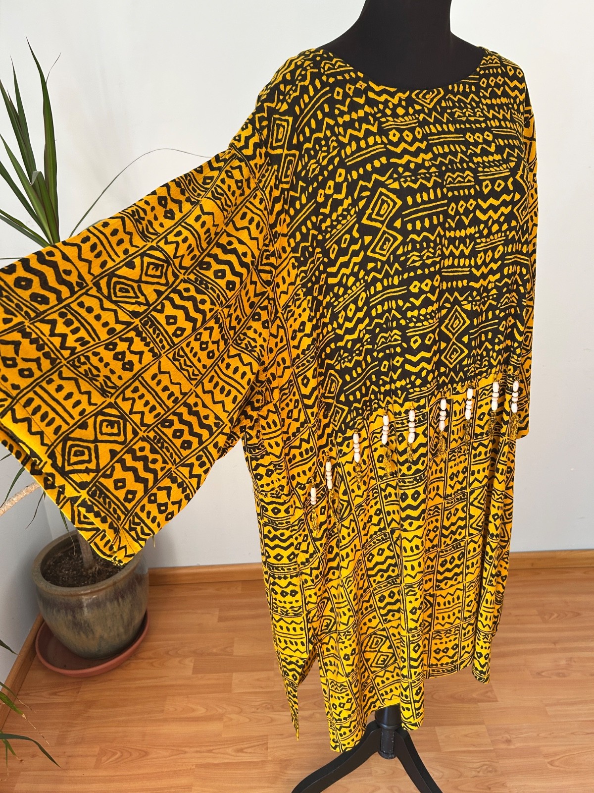 Vtg NUBIAN QUEEN African BATIK Dress Yellow Black TRIBAL Ethnic Rayon L XL 1X 2X