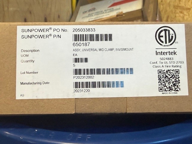 Box Of 5 Sunpower 650187 InvisiMount Residential PV Mounting System Mid Clamps