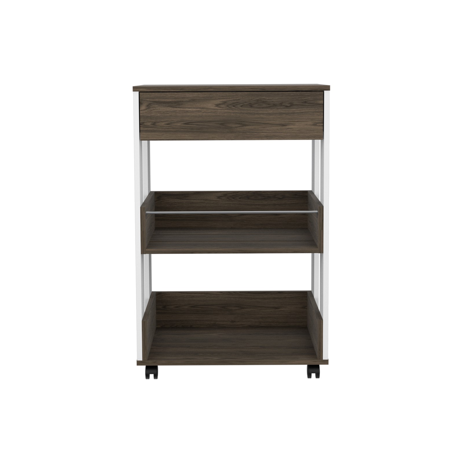 White and Dark Walnut 1-Drawer 2-Shelf Kitchen Cart with Caster