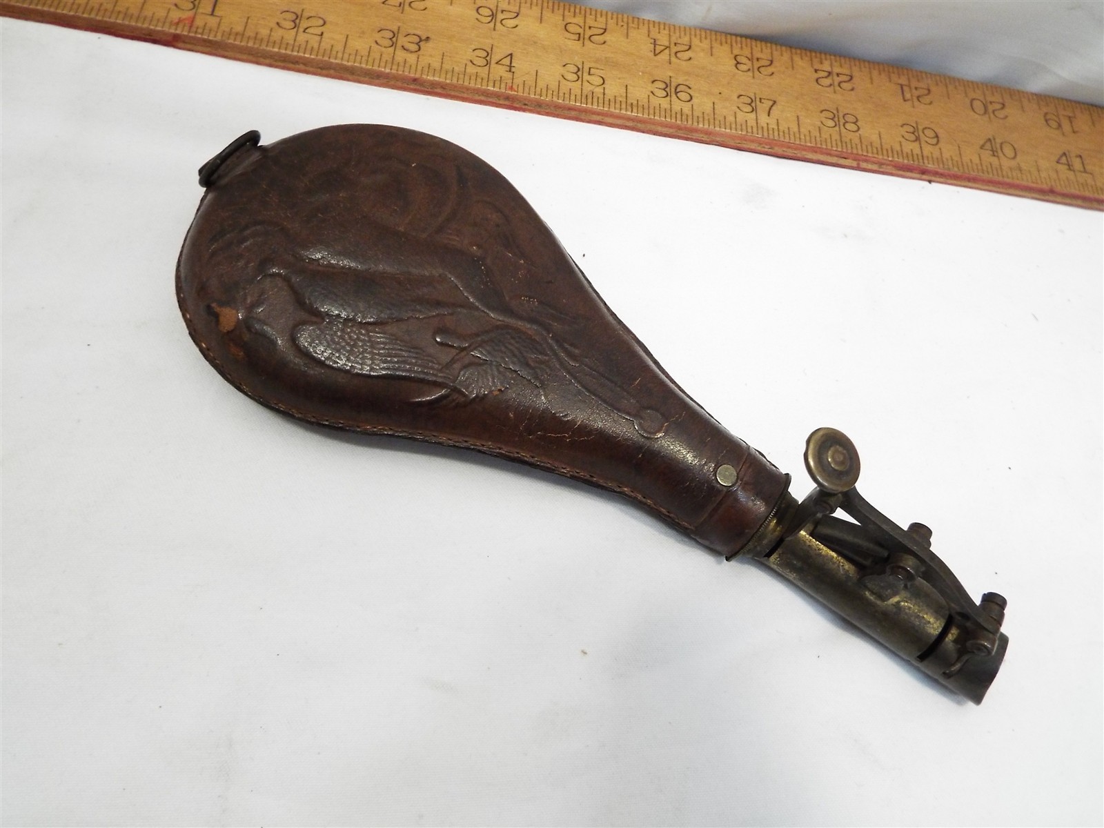 Am Flask &Cap Co Antique Leather Brass Black Powder Shot Flask Game Rabbit Birds
