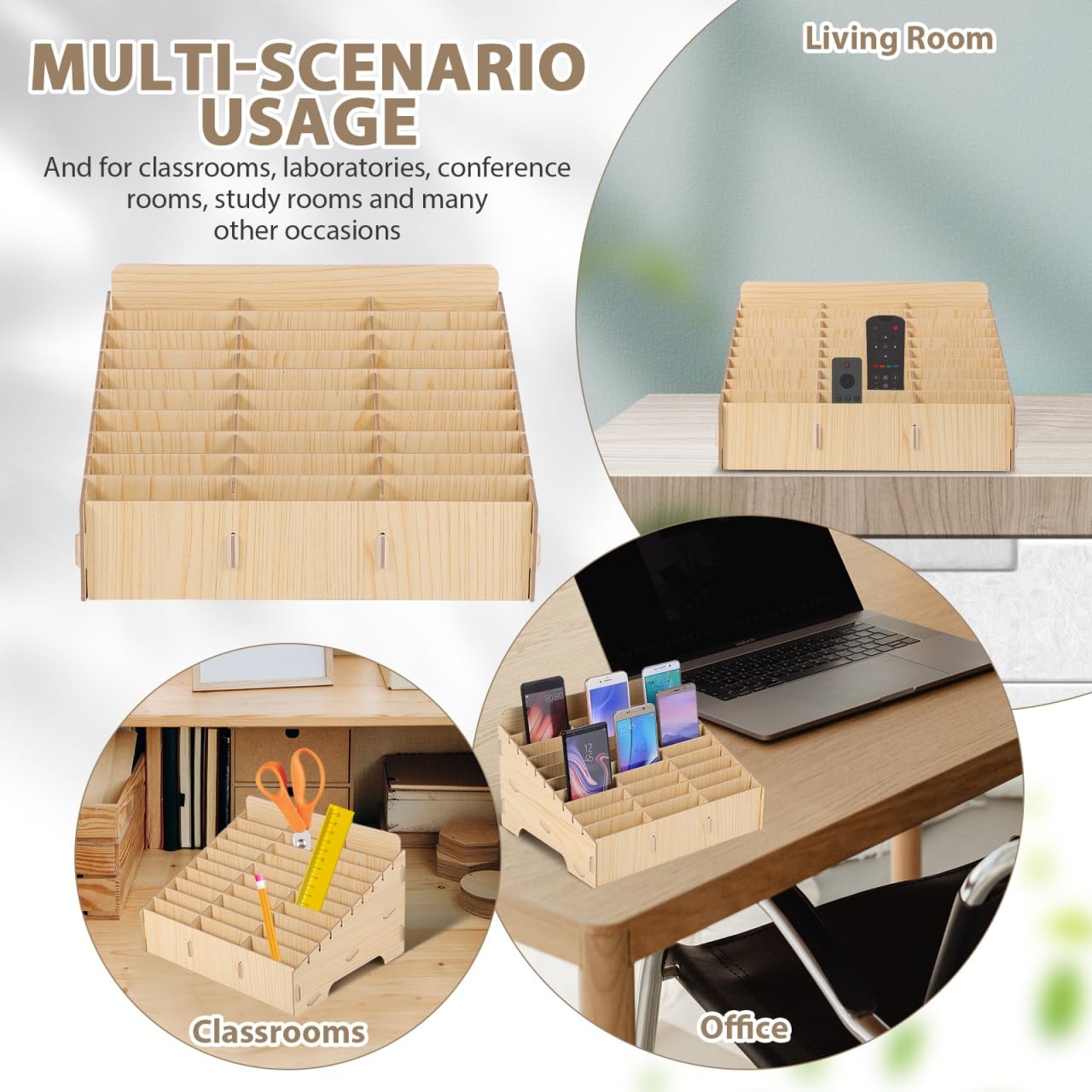 30-Grid Wooden Mobile Storage Box Cell Organizer Numbered Caddy for Classroom...