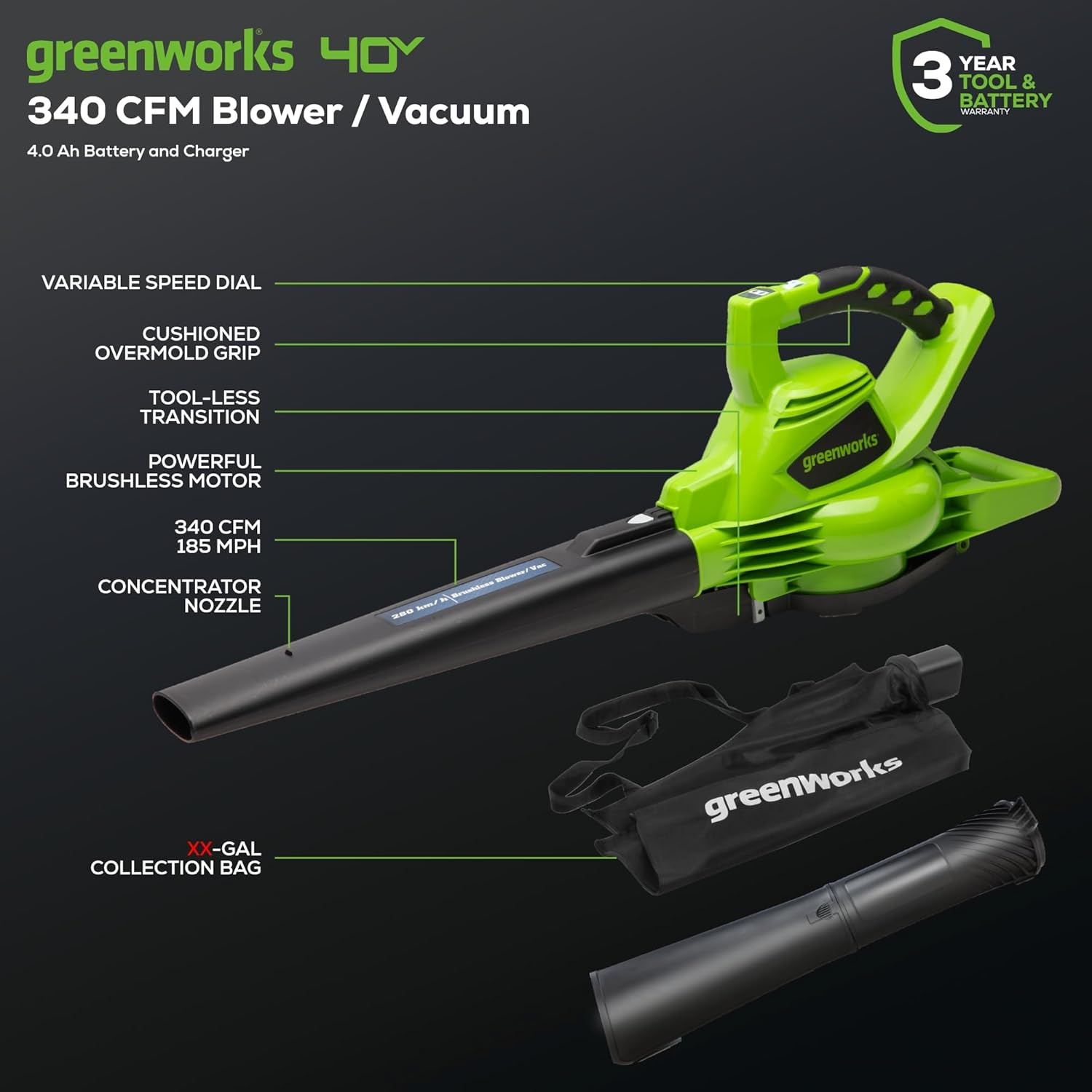 40V Cordless Leaf Blower Vacuum 185MPH 340CFM Brushless Garden Tool