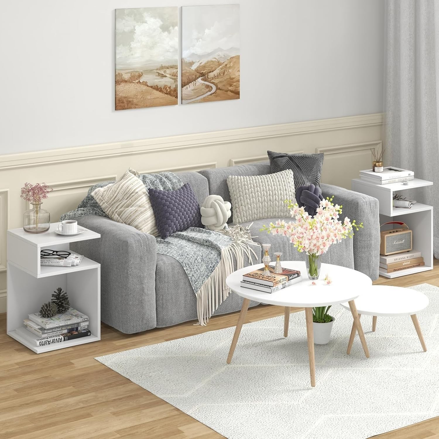 HOMGX S-Shaped End Table, 3-Tier Side Table w/ 2 Open Storage Compartments & ...