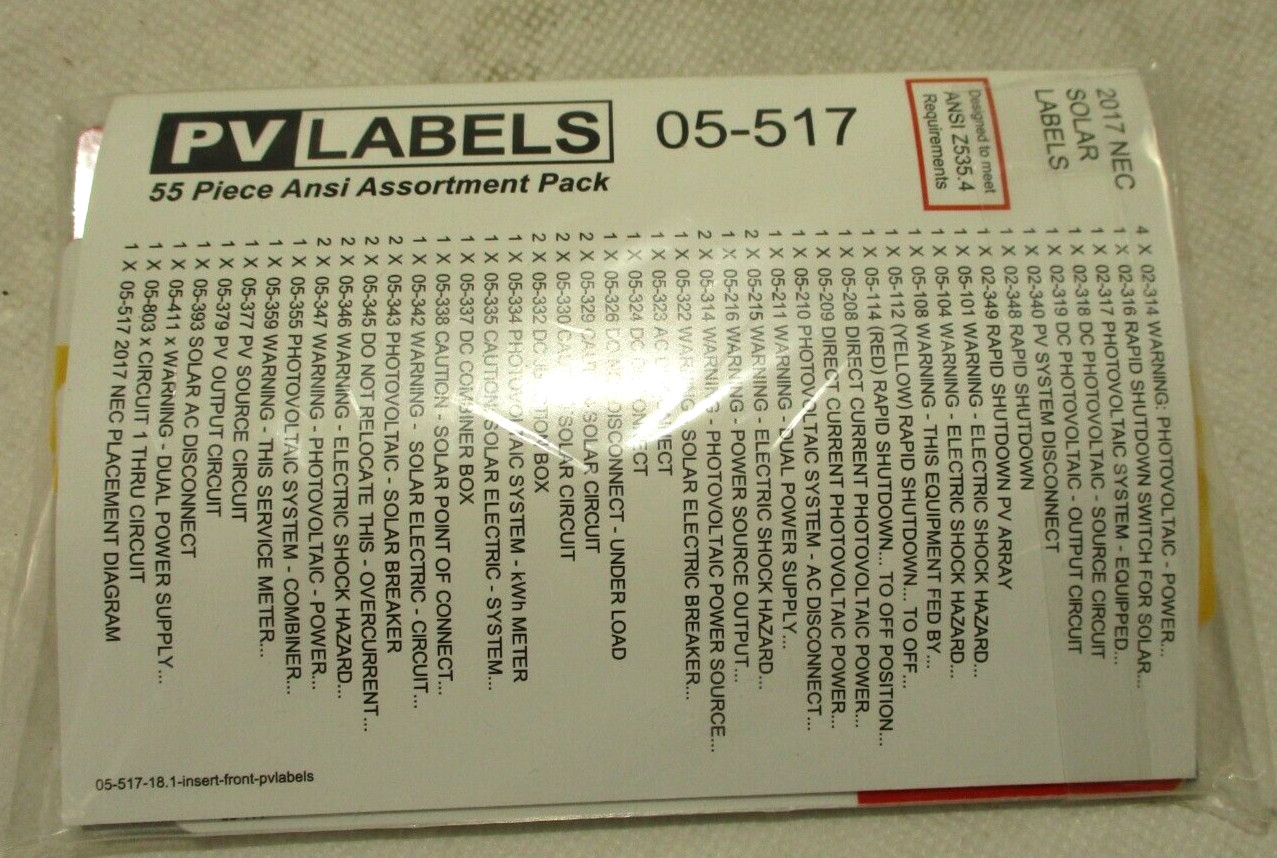 NEW PACK OF 55 PV LABELS 05-517 217 NEC SOLAR LABEL