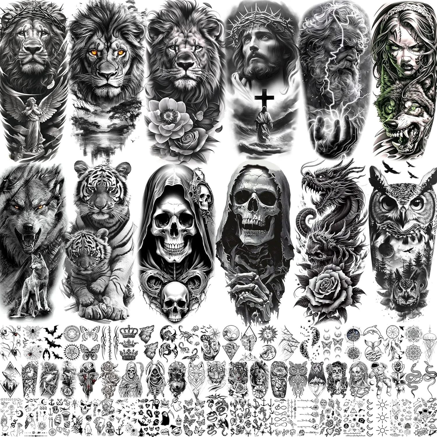 75 Sheets Skull Temporary Tattoos For Men Adults Forearm, Halloween Zeus God Lio