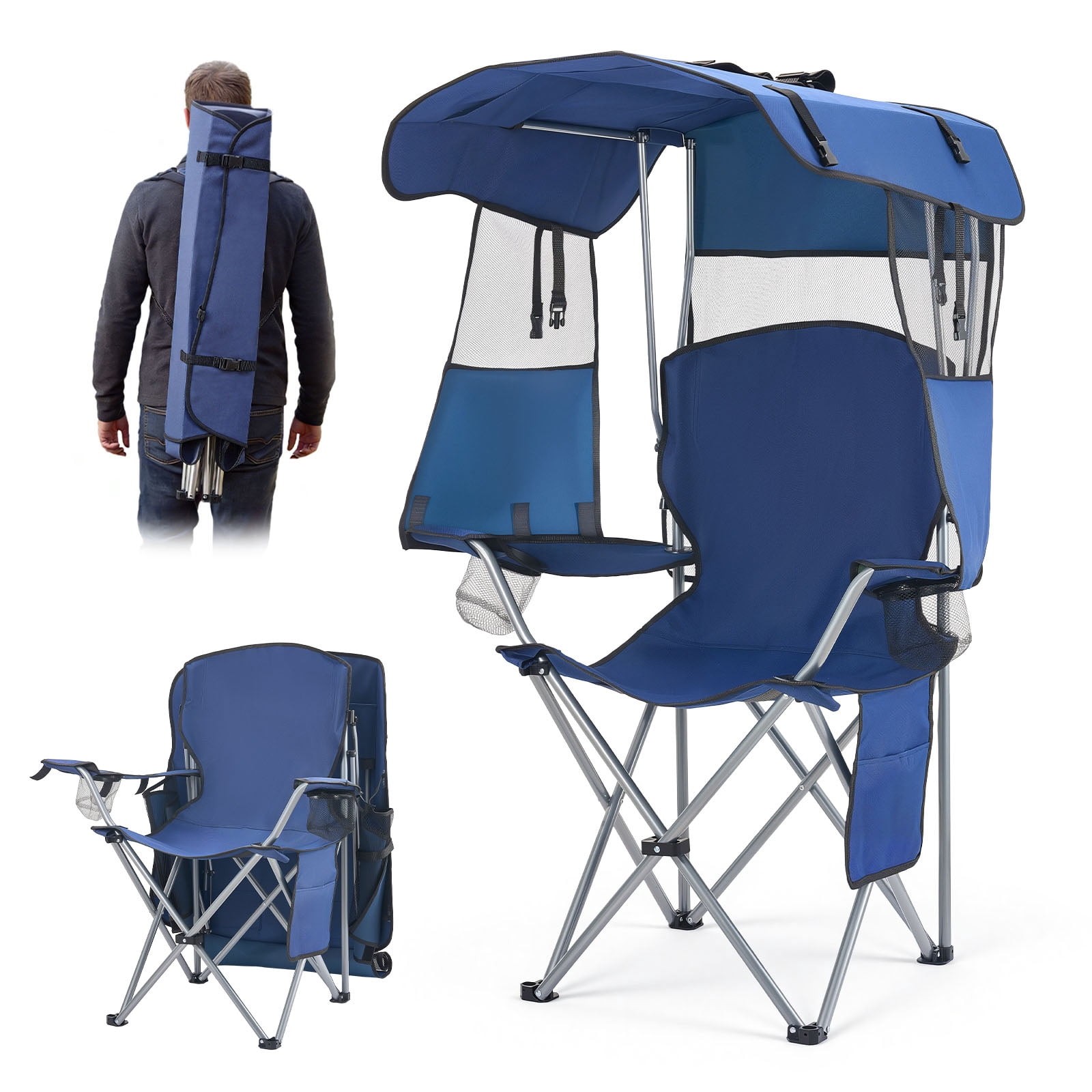 KFFKFF Folding Camping Chair with Canopy Shade, Portable Beach Chair