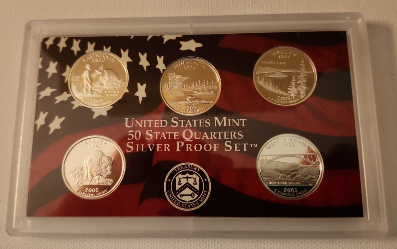 2005-S US Mint Silver Proof State Quarters Set, Box & COA, CA MN OR KS WV