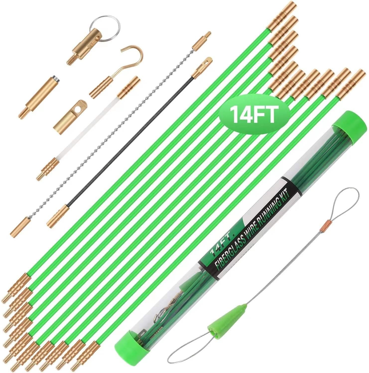 14FT Fiberglass Electrical Wire Pulling Fish Rod Kit w/ 8 Attachment & Fish Tape