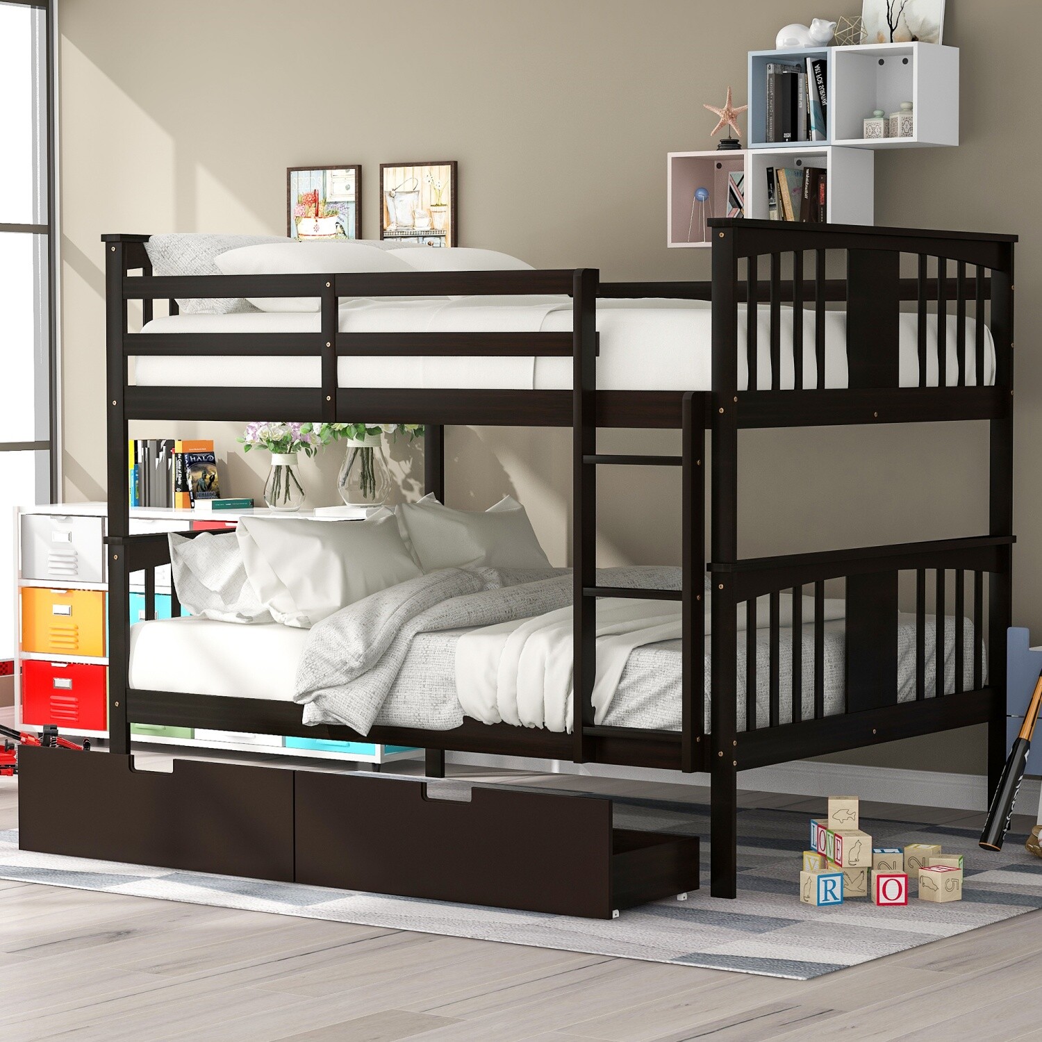 Full Over Full Wood Bunk Bed Convertible Full Size Bed Frame w/ Drawers & Ladder