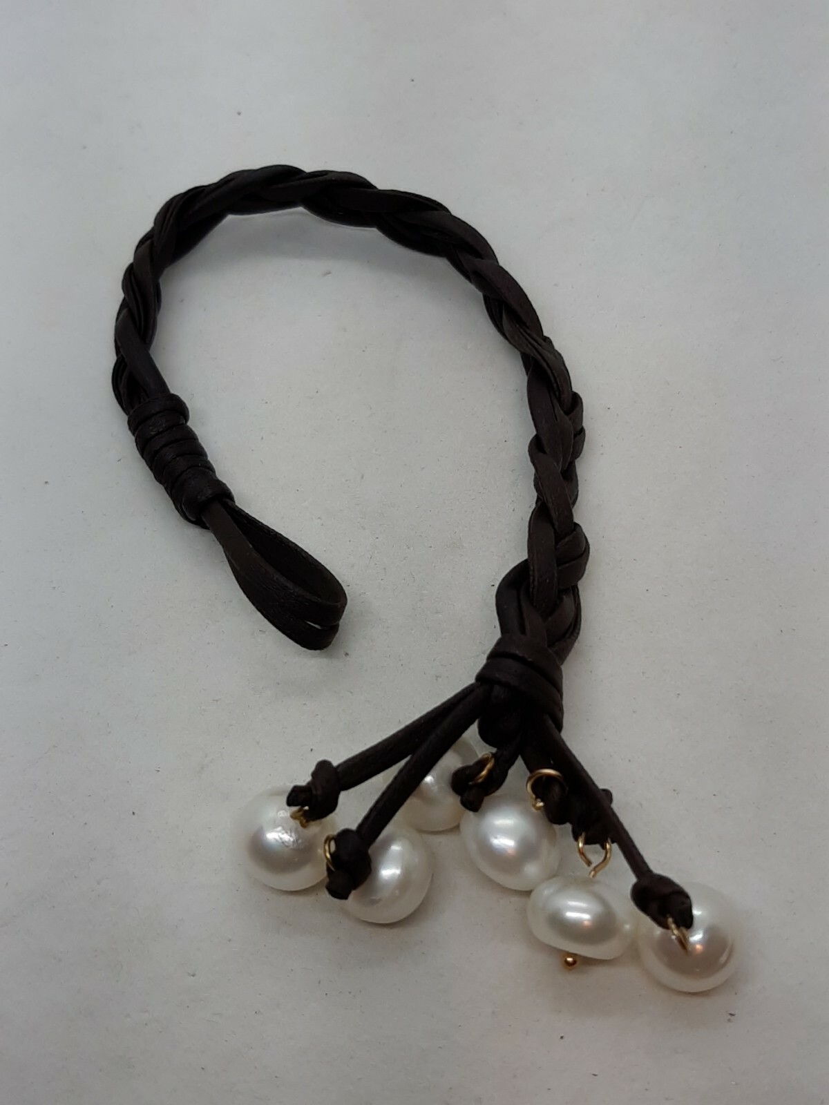 Woven Braided Chocolate Brown Leather Bracelet With 6 Natural 12MM Pearl Charms