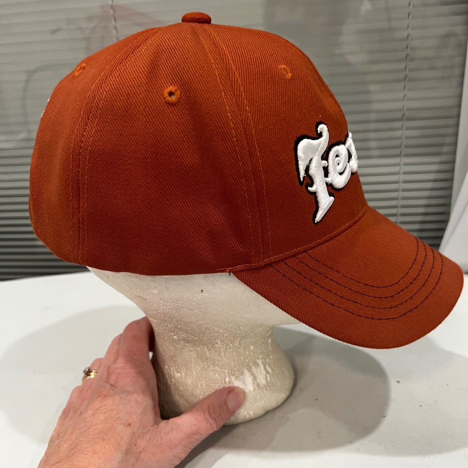 Texas in White on Orange Hat Cap Hook Loop Texas Headwear EUC