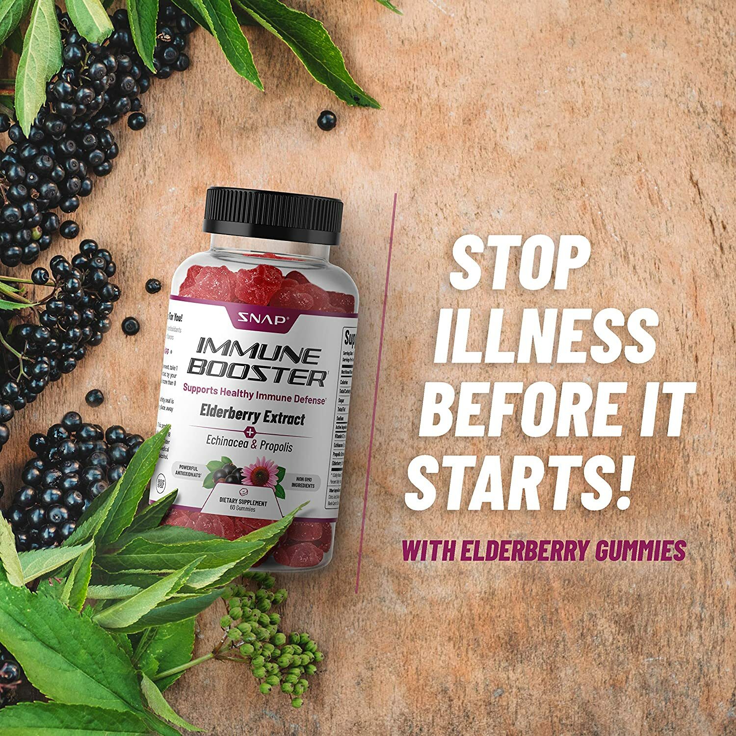 Organic Elderberry Gummies Chews Immune Support Supplement with Vitamin C - 60ct