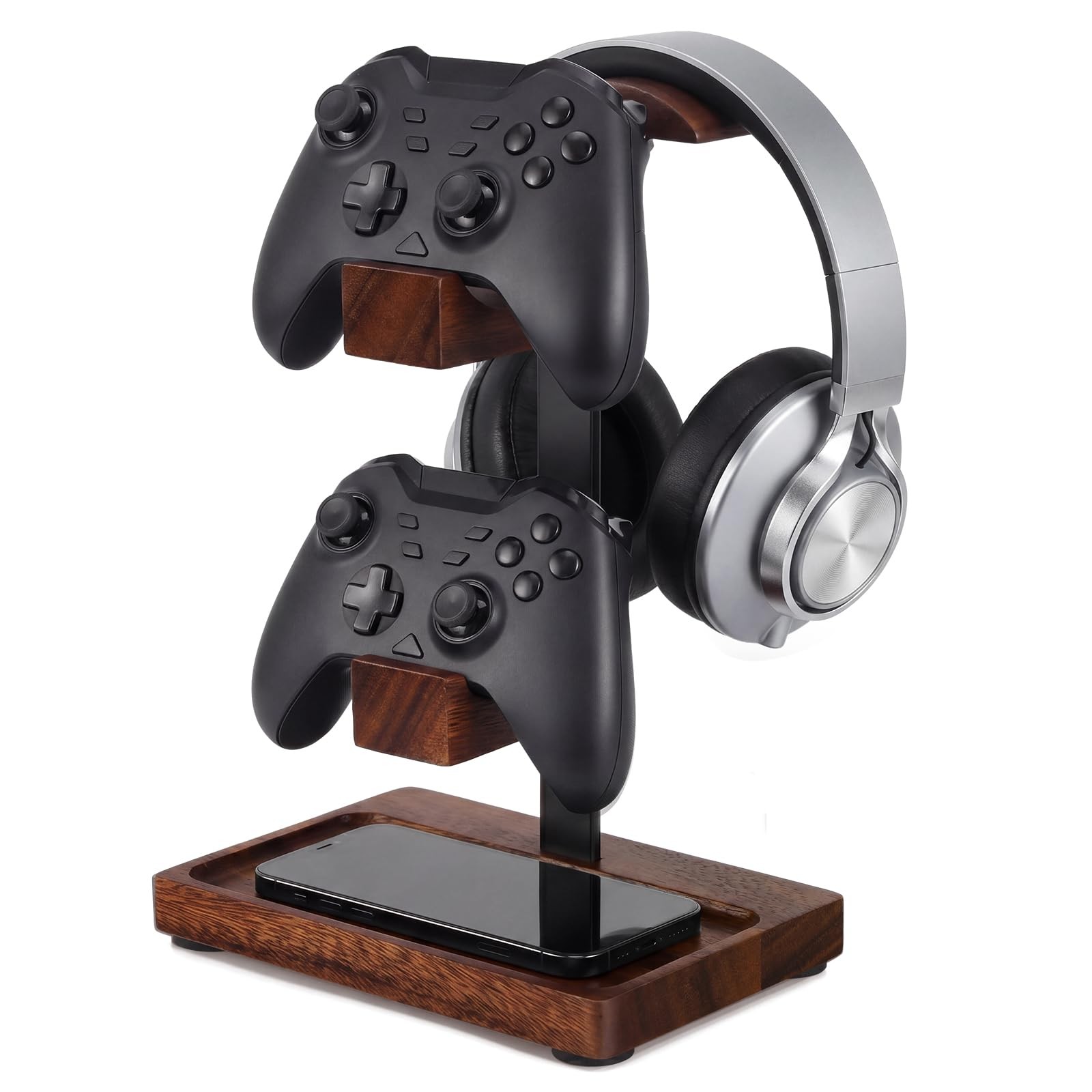 Fiwochic Headphone Stand with Controller Holder, Gaming Headset Deep Walnut