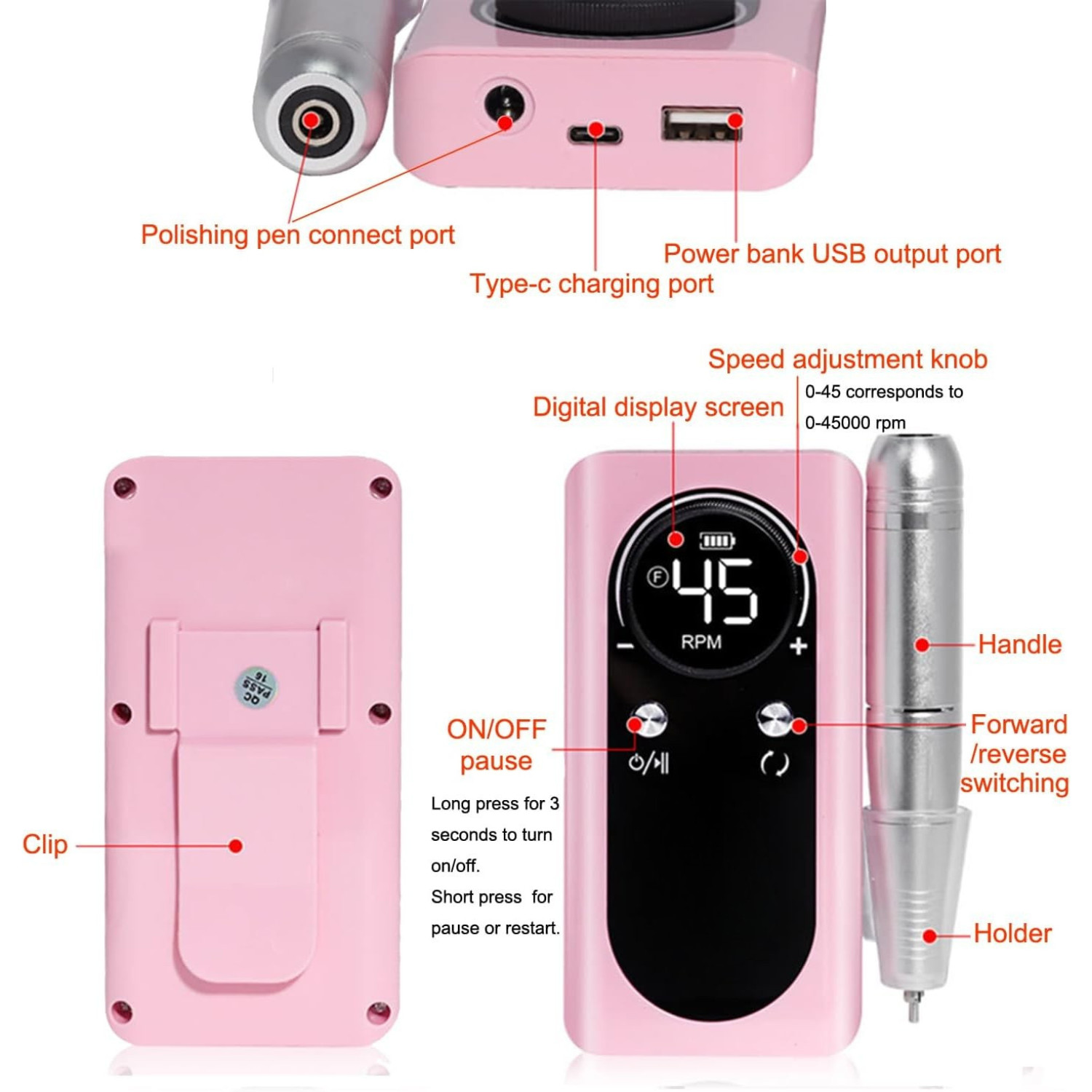Taladro eléctrico de uñas de 45000 RPM, recargable, portátil, con lima de uñas,