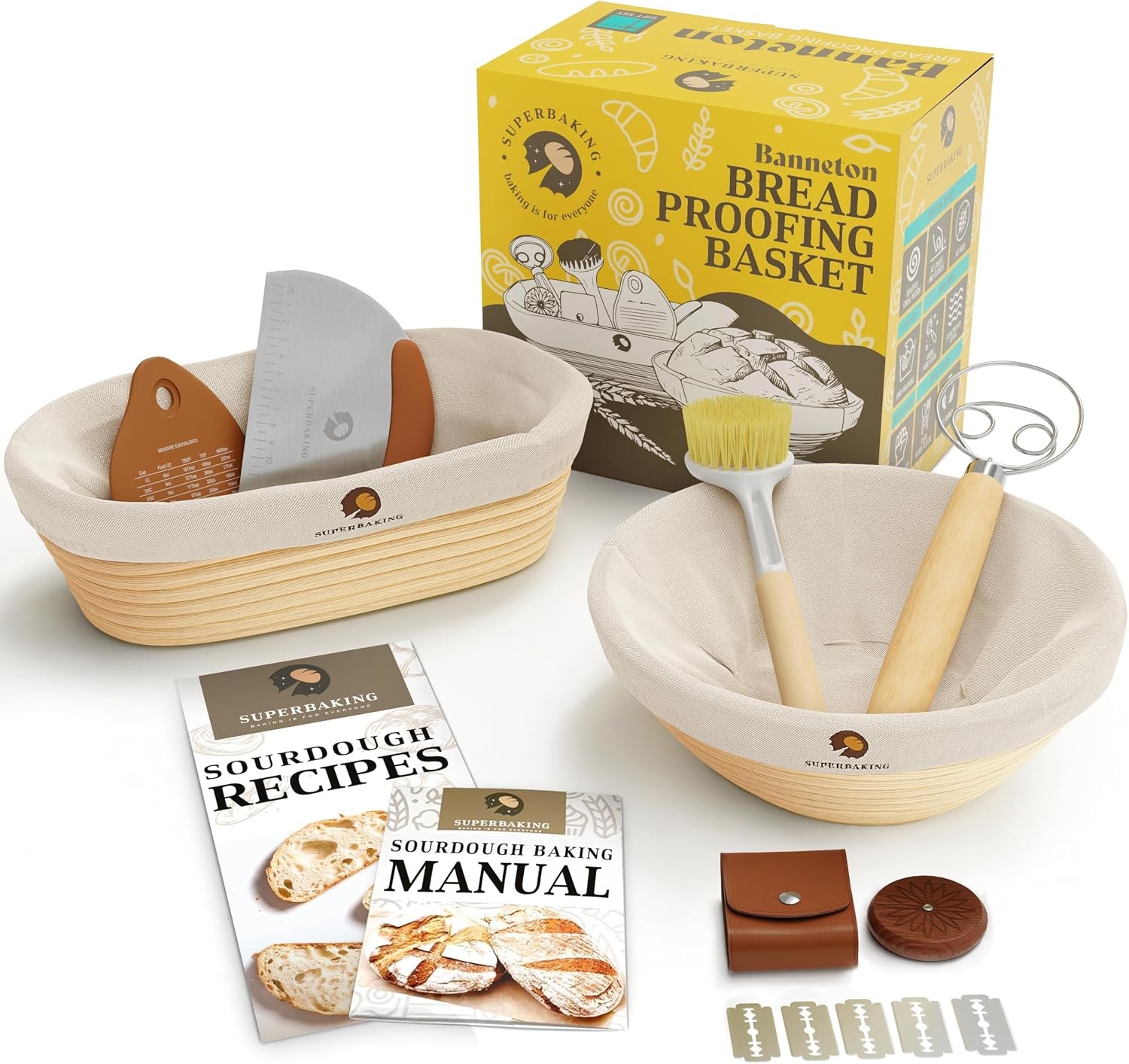 Superbaking Sourdough Proofing Basket Gift Set, Round 9" & Oval 10" Banneton, So