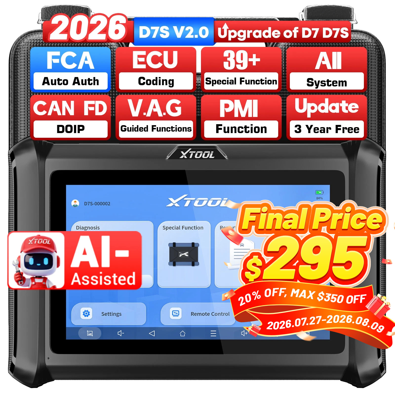 2026 XTOOL D7S V2.0 Full System Diagnostic Scanner Scan Tool E.CU Key Programmer