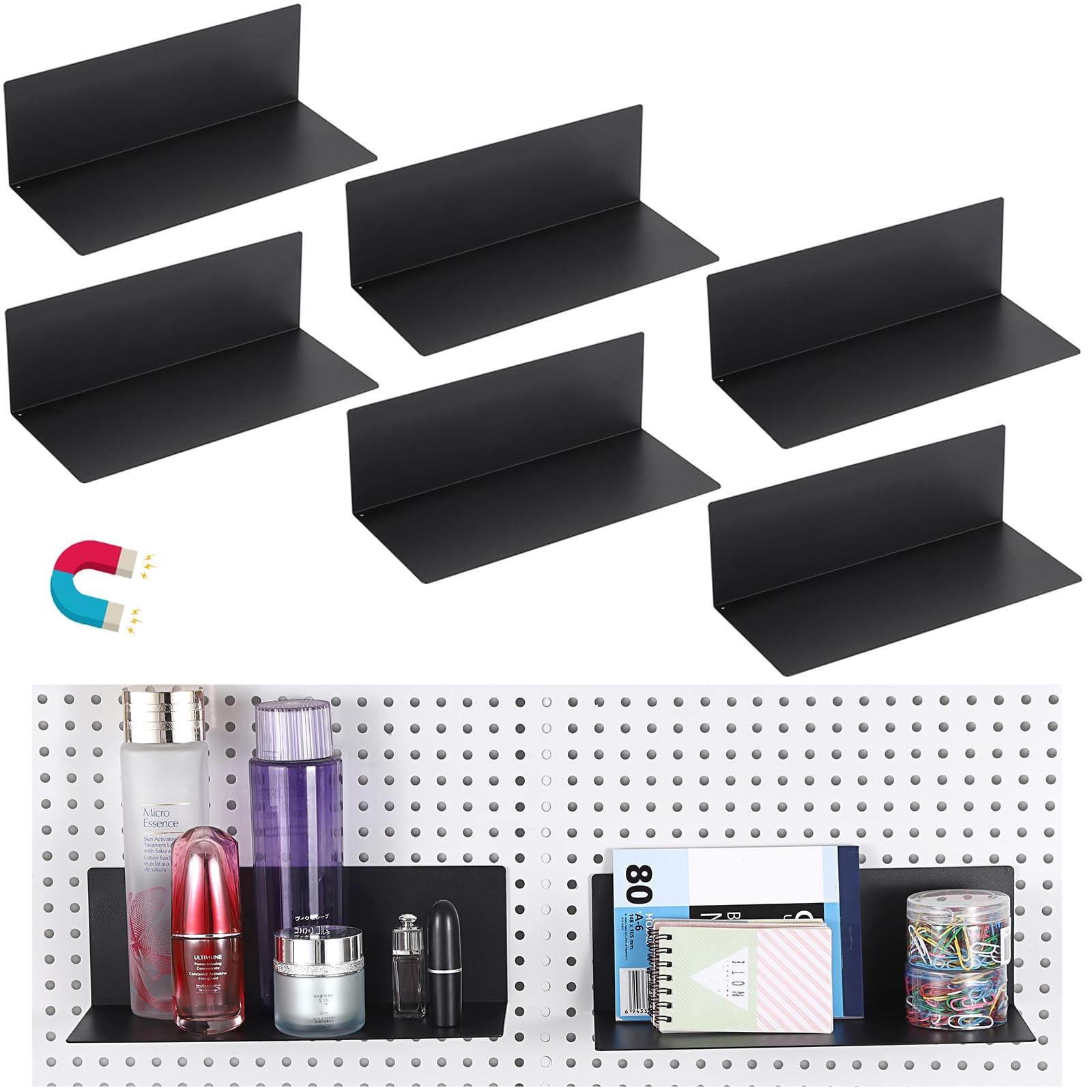 6 Pack Magnetic Pegboard Shelves for Storing or Displaying, 10x4.3 Inch Flat ...