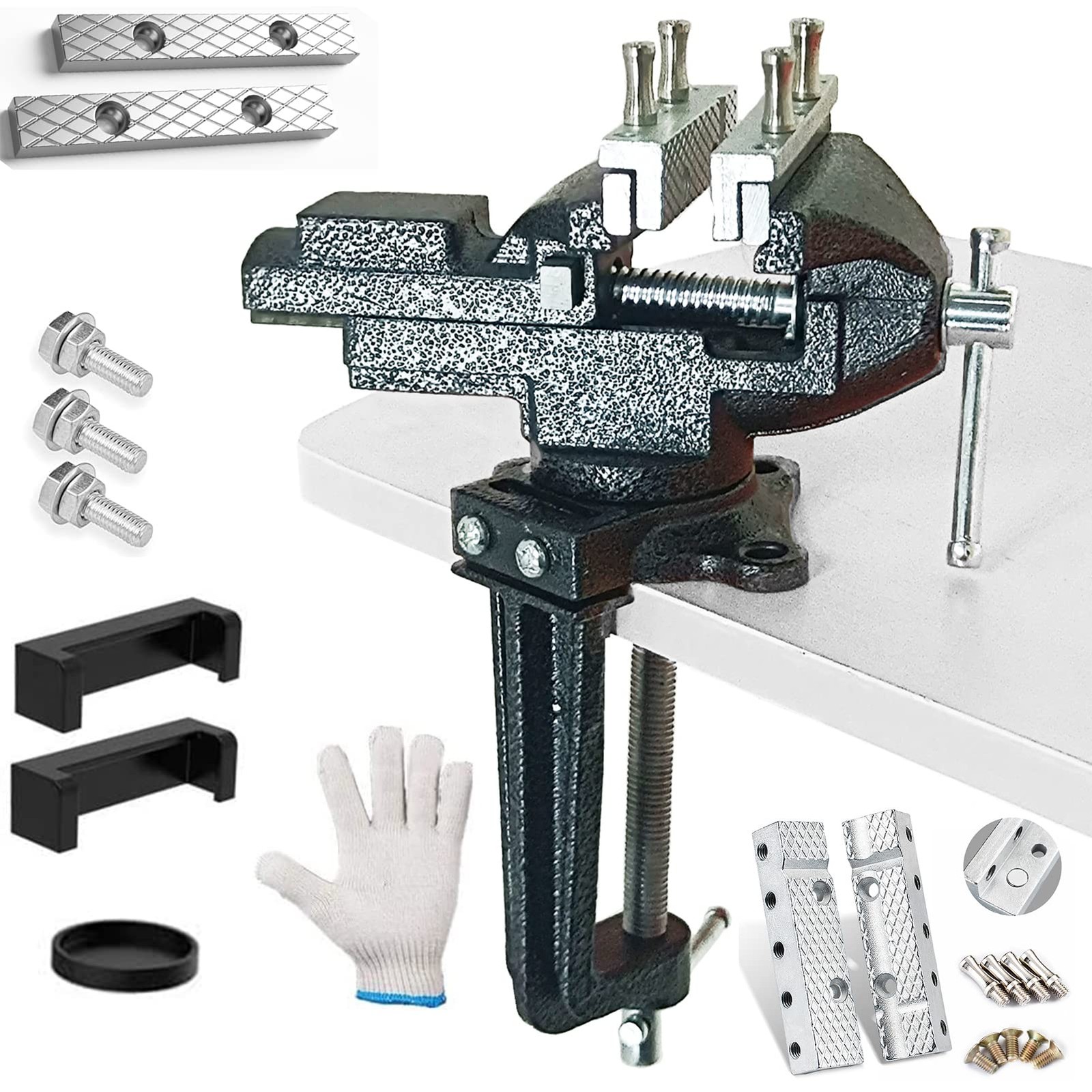 Dual-Purpose Bench Table Vise, 360° Rotating, Clamp-On, Quick Adjust