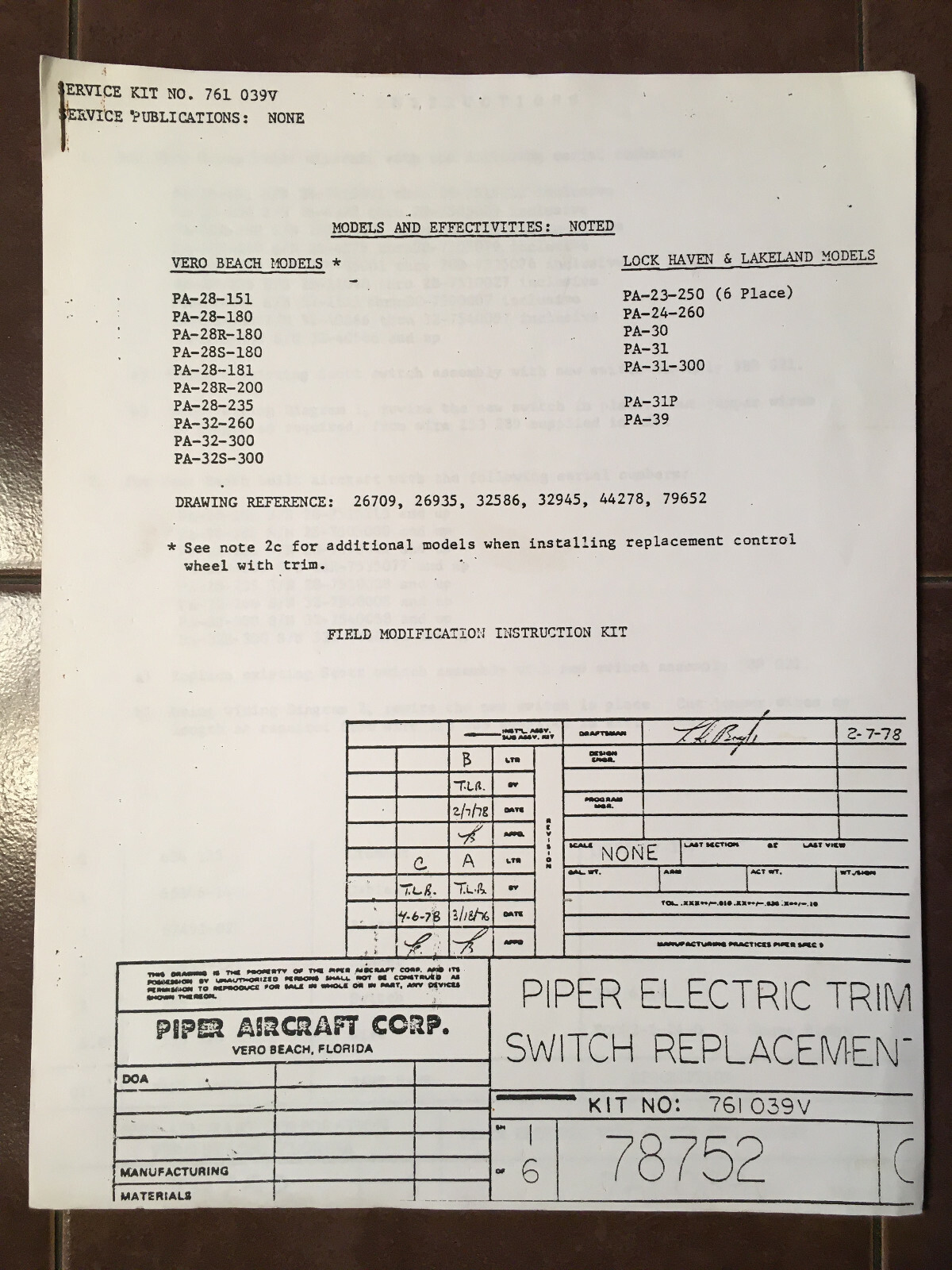 Piper Electric Trim Switch Replacement Instructions for 588-021