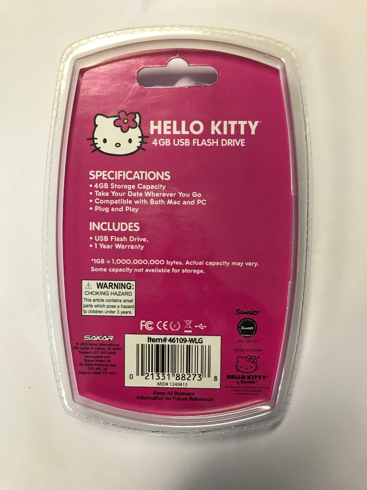 Hello Kitty 4GB USB Flash Drive W/ Clip (46109-WLG)