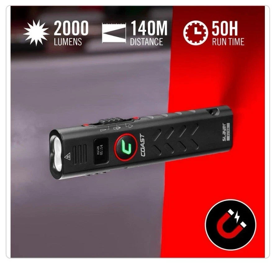 COAST Slayer 2000 Lumens USB-C Rechargeable Flat EDC Flashlight Magnet Tactical