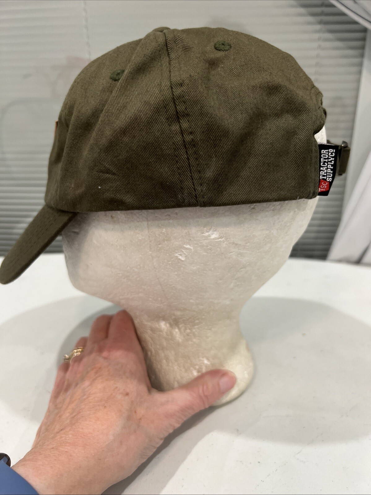 Tractor Supply Co. Leather Patch Olive Green Hat Cap Cotton Strap Buckle EUC