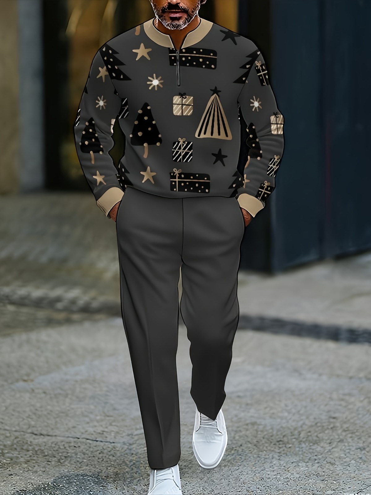 Christmas-themed suit, dark gray top full of gold Christmas trees, gifts