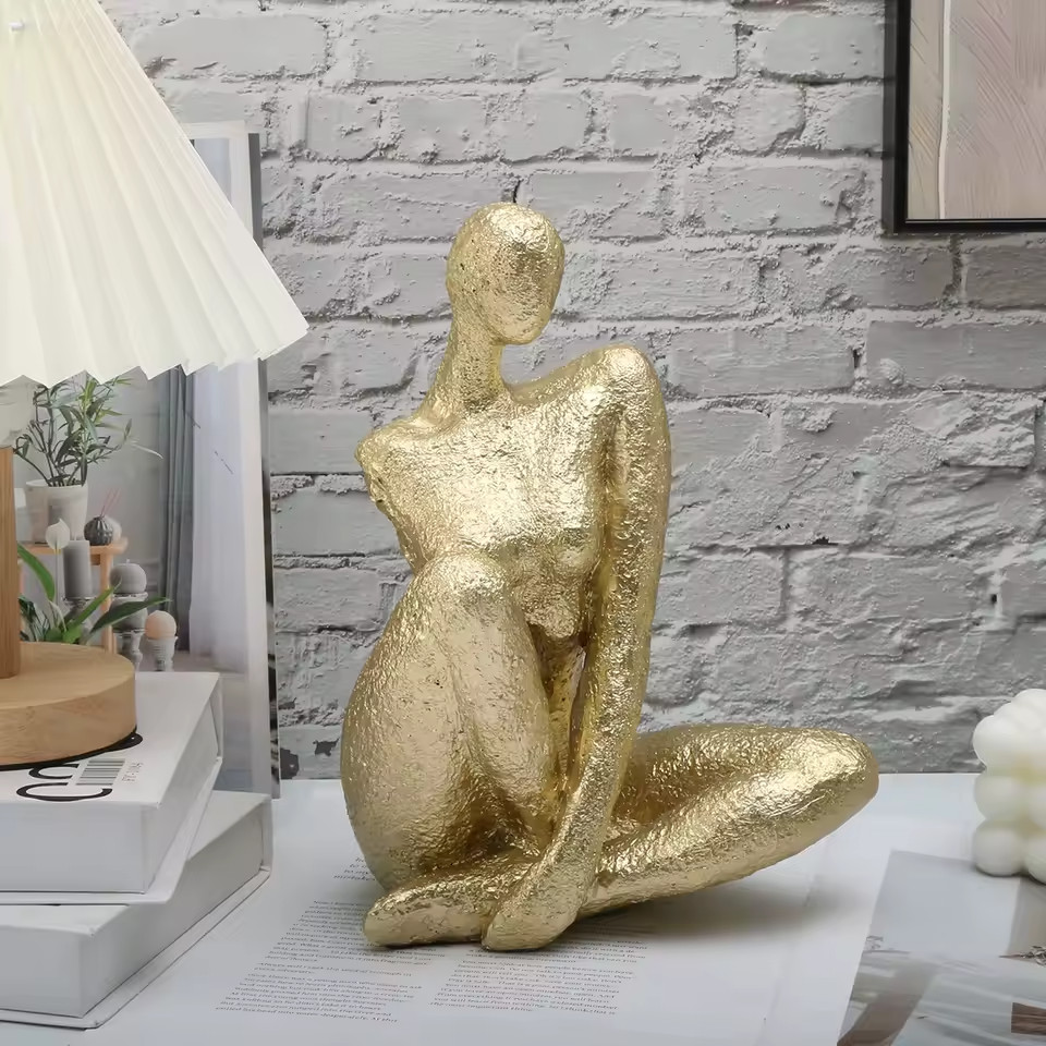 10" Modern Abstract Sitting Woman Statue - Gold Resin Female Body Art Sculpture