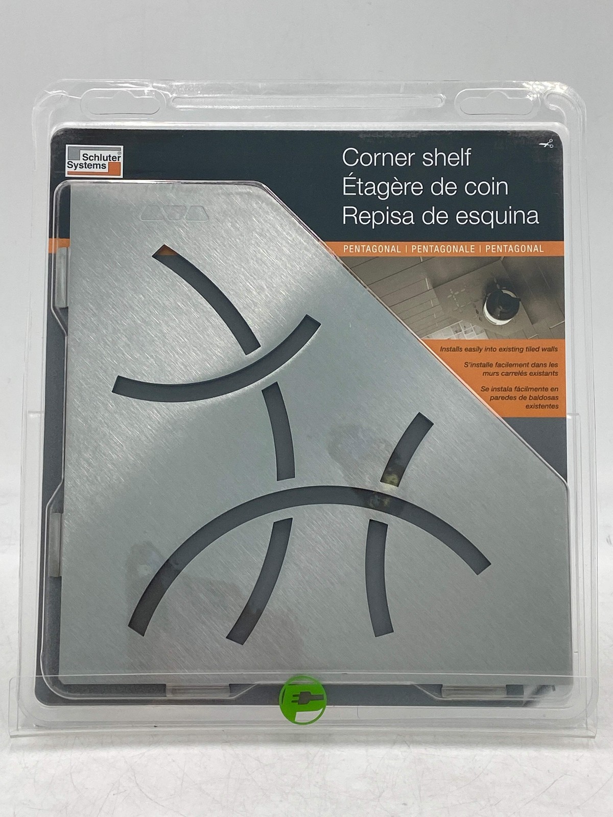 New Schluter Systems Brushed Stainless Steel Pentagonal Curved Corner Shelf for