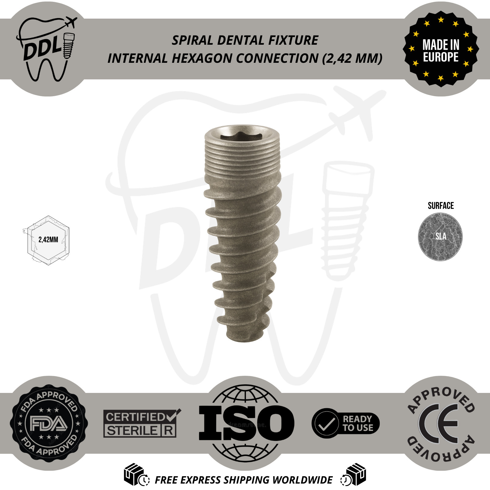 Spiral Dental Fixture Int Hex 2.42mm Connection