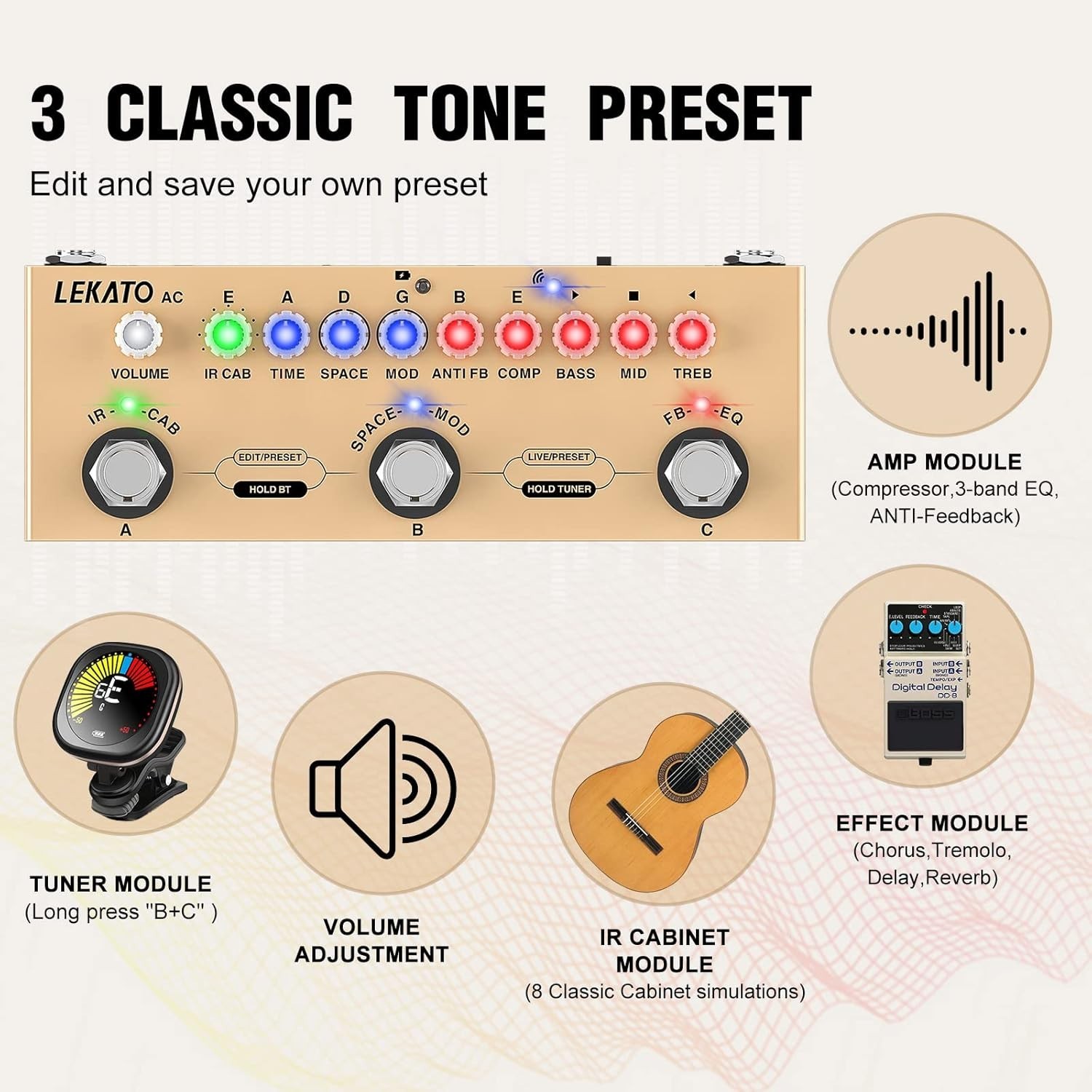 Versatile Multi Effects Pedal for Acoustic Guitar with 9 AMP Models & Bluetooth