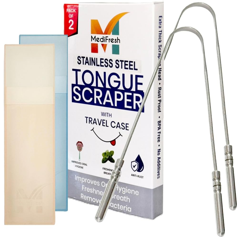 Tongue Scraper for Adults with Multicolor Travel Cases (2 Stainless steel