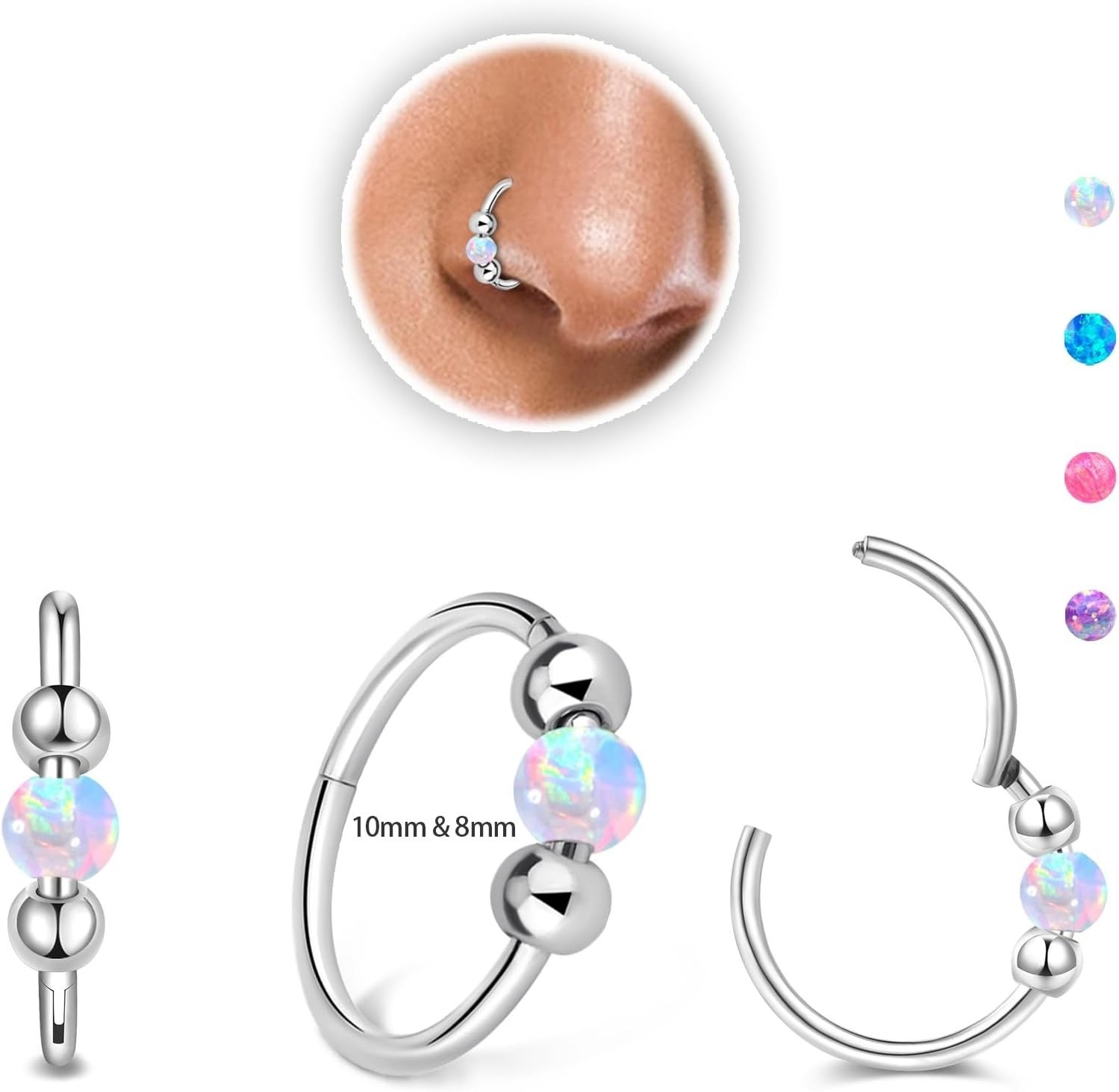 Thiswhyimbeauty 2PCS 18g Opal Nose Rings for 18G-8&10mm, A-Silver White opal