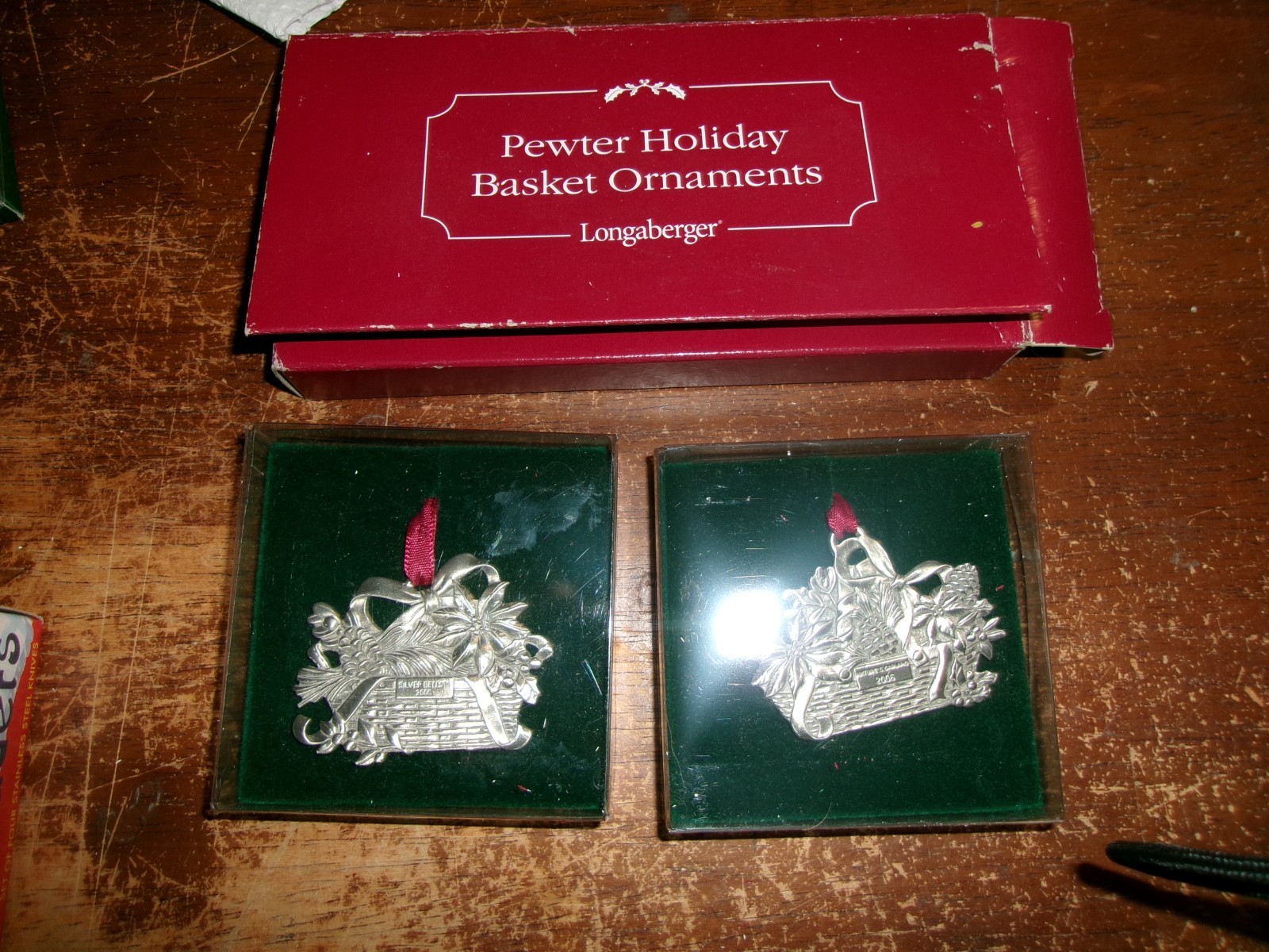 Longaberger Pewter Holiday Basket Ornaments - 2002 - New in Box