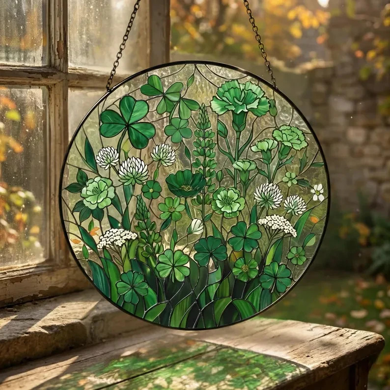 St Patrick Wildflower Stained Glass Suncatcher Green Floral Decor