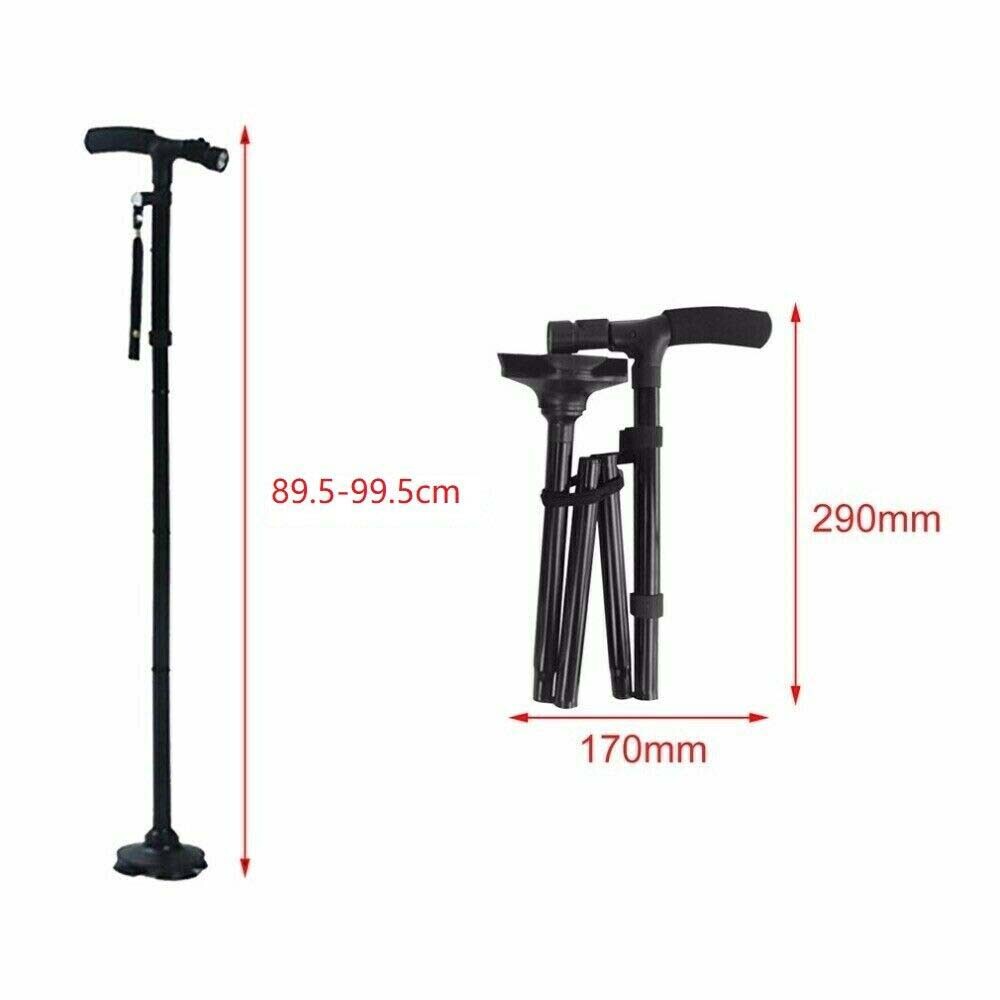 Foldable Walking Stick w/ LED Light Disability Old People Pivoting Base Cane