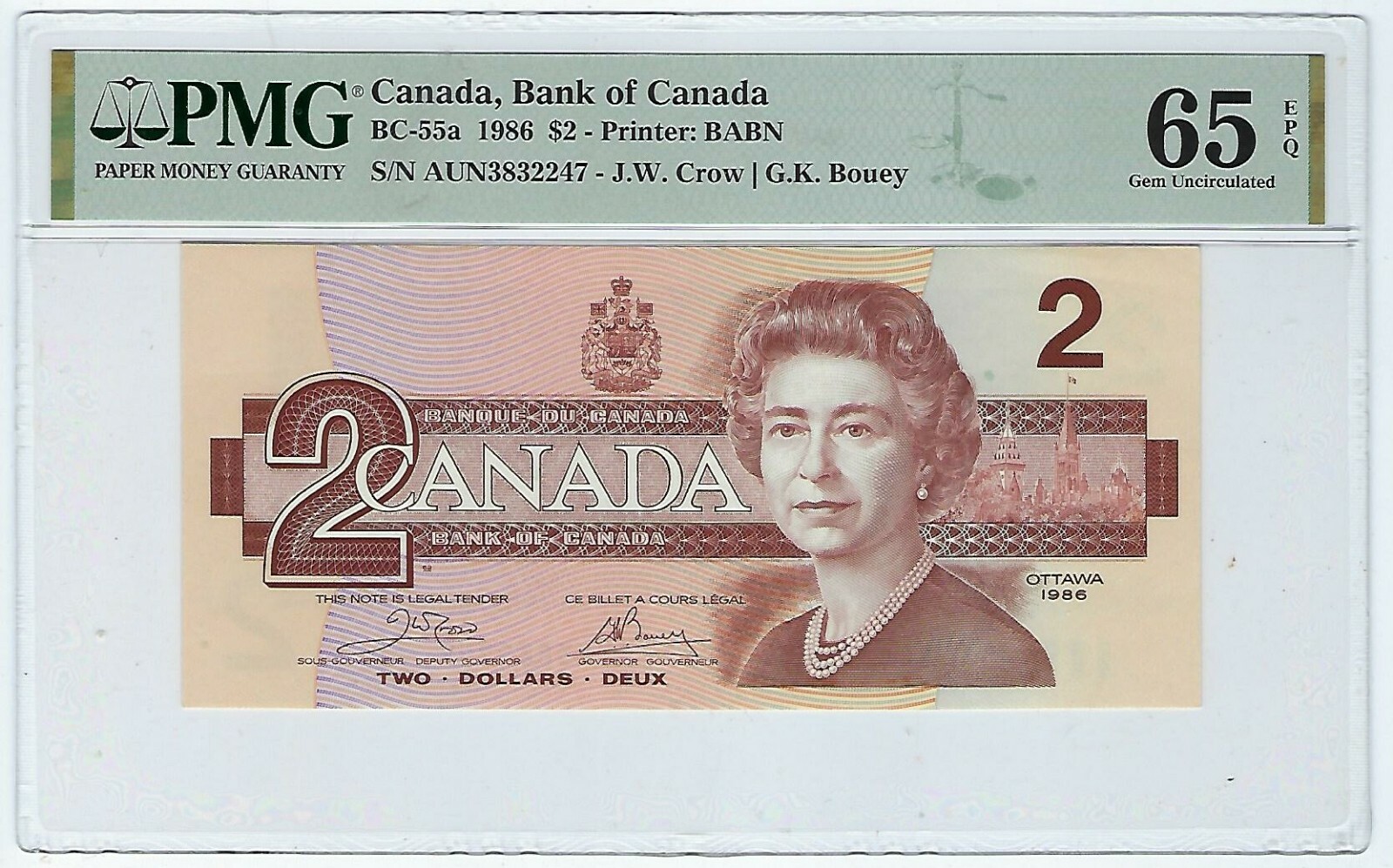 1986 Canada, Bank of Canada $2, BC-55a, PMG 65 EPQ Gem Unc.Prefix AUN Tough