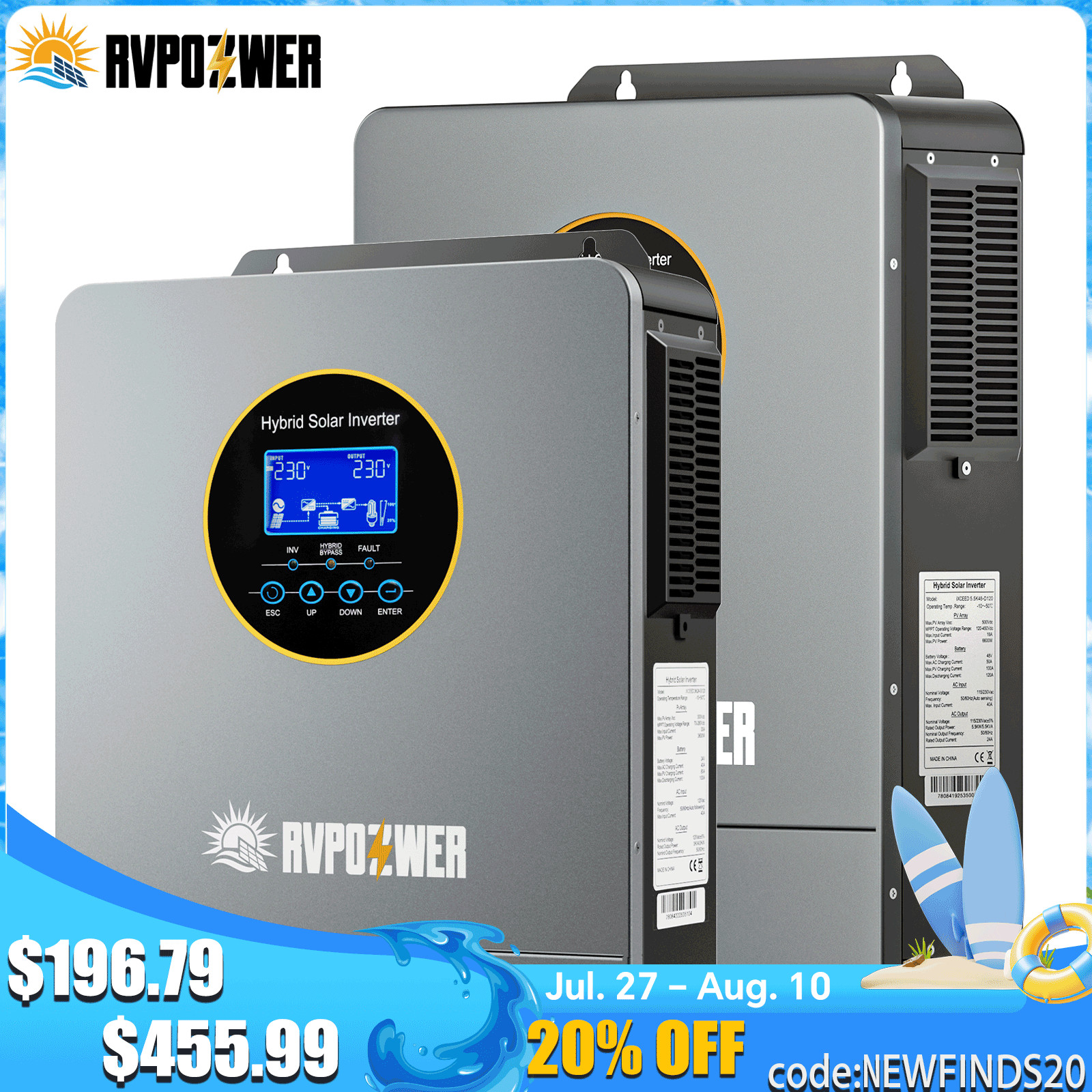 3KW 5.5KW Solar Hybrid Inverter w/MPPT Split Phase Pure Sine 24V/48V AC120V/240V