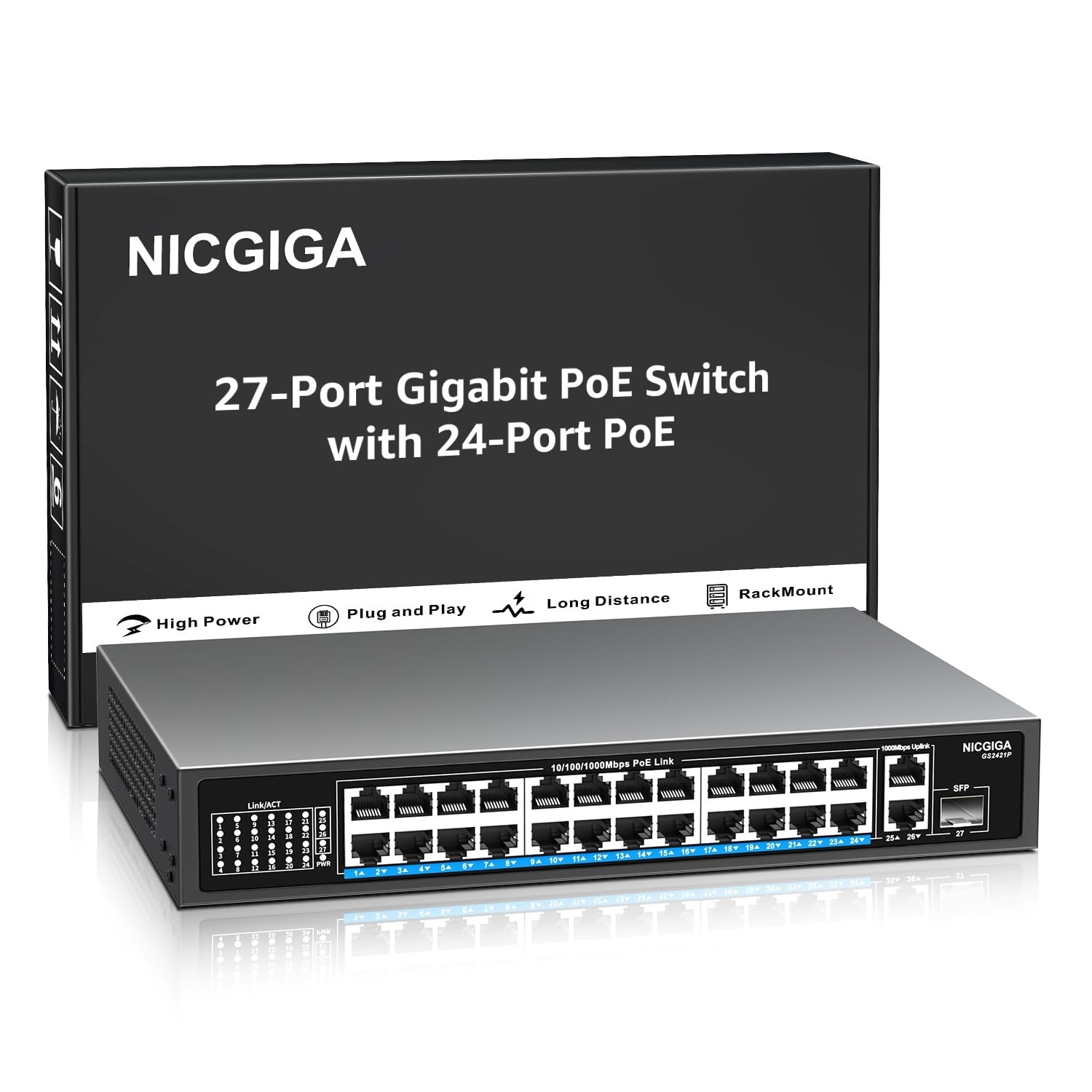 NICGIGA 24-Port Gigabit PoE Switch with 24 PoE+@300W, 2 Gigabit Uplink Ports,...