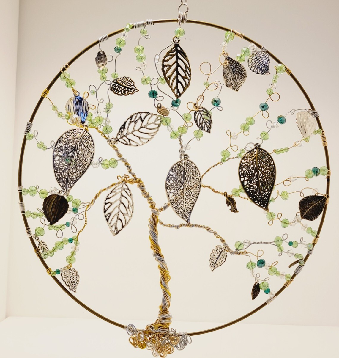 Handmade Silver & Gold Wire Wrapped Tree Of Life 10"  Suncatcher W/green Glass