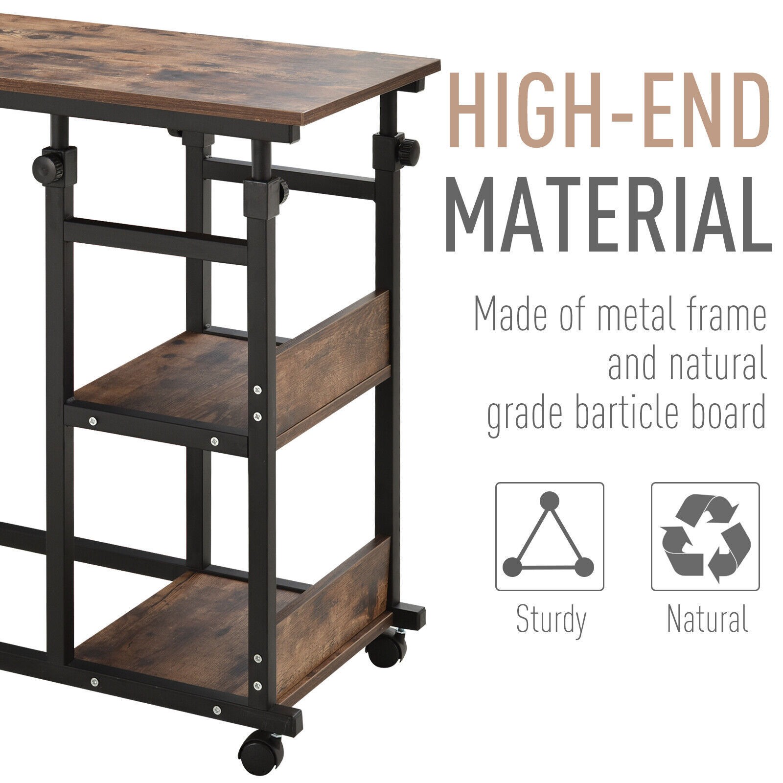 C-Shaped Mobile Sofa Bed Side Table 3-Tier Storage Shelving Cart Adjust Height