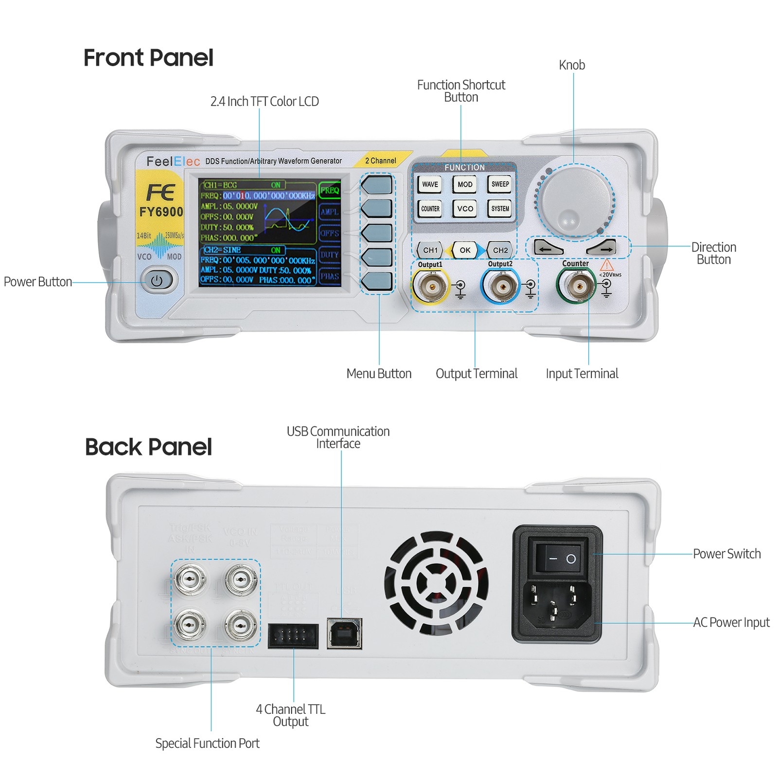 Dual-Channel 60MHz DDS Function Generator 250MSa/s Waveform Pulse Source V1