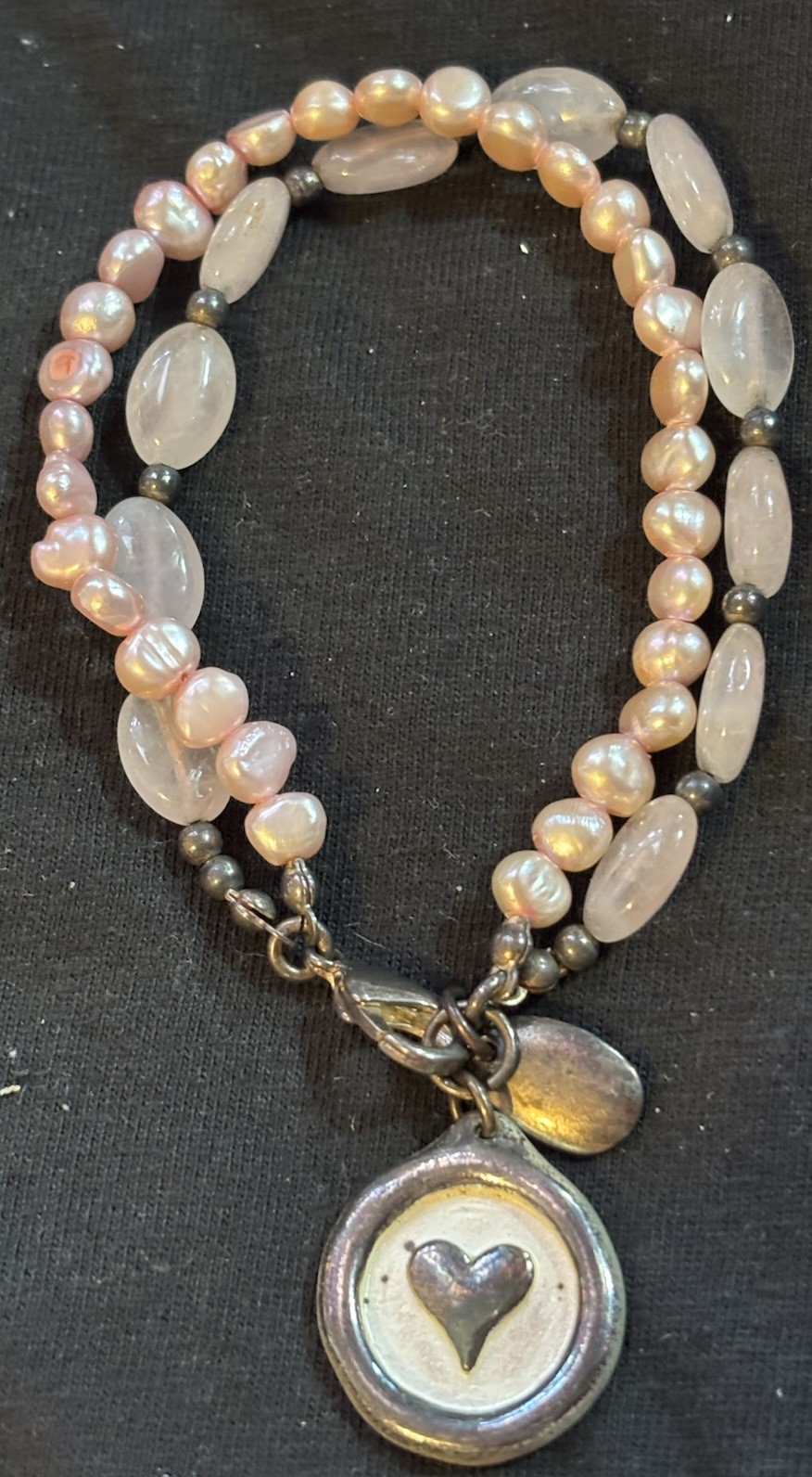 RPG Pink Pearl Beaded Bracelet with Dangle Heart Charm for Women