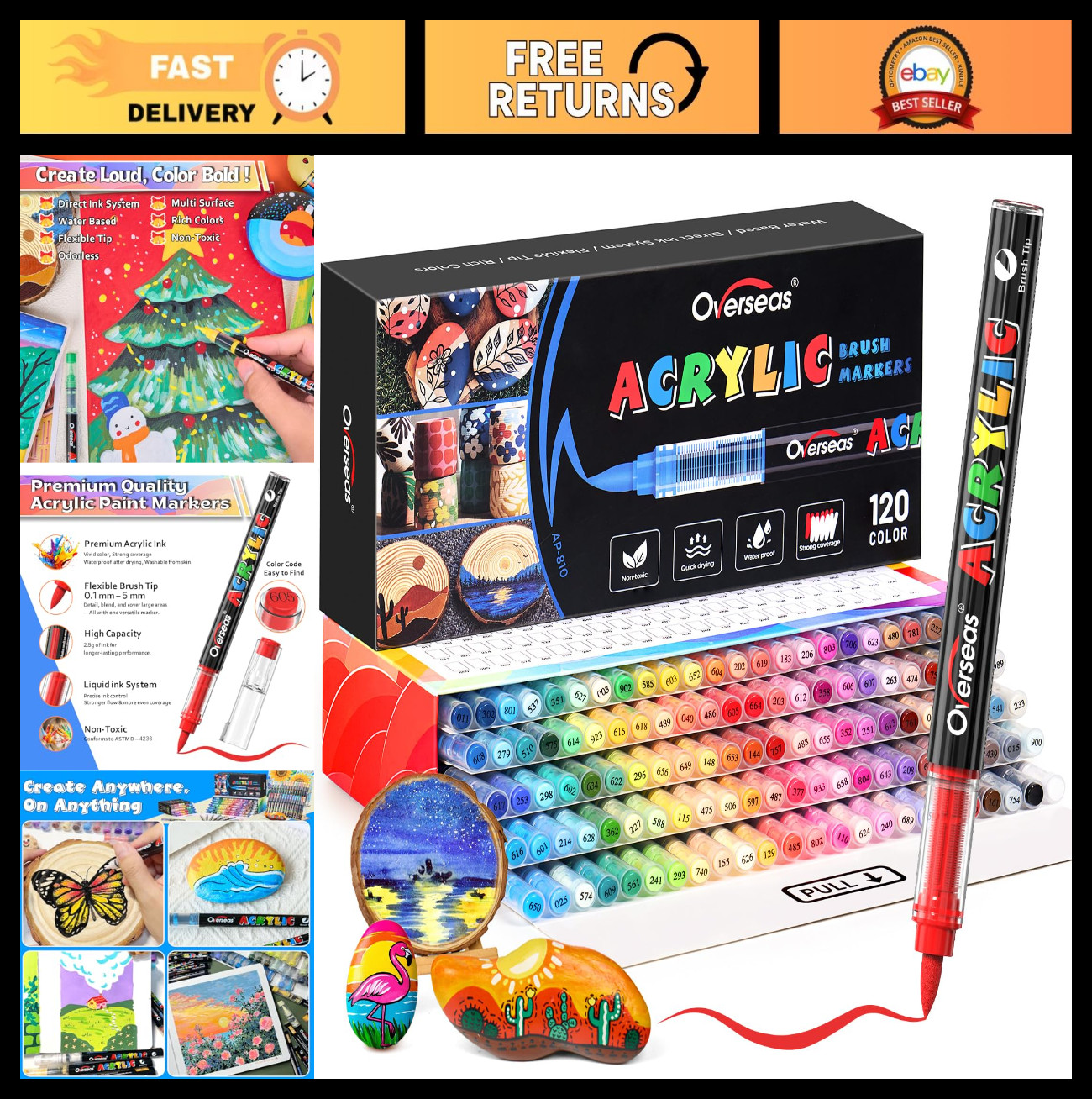 120 Colors Acrylic Paint Markers - Brush Tip, Quick Drying Ink for Rock, Wood, C