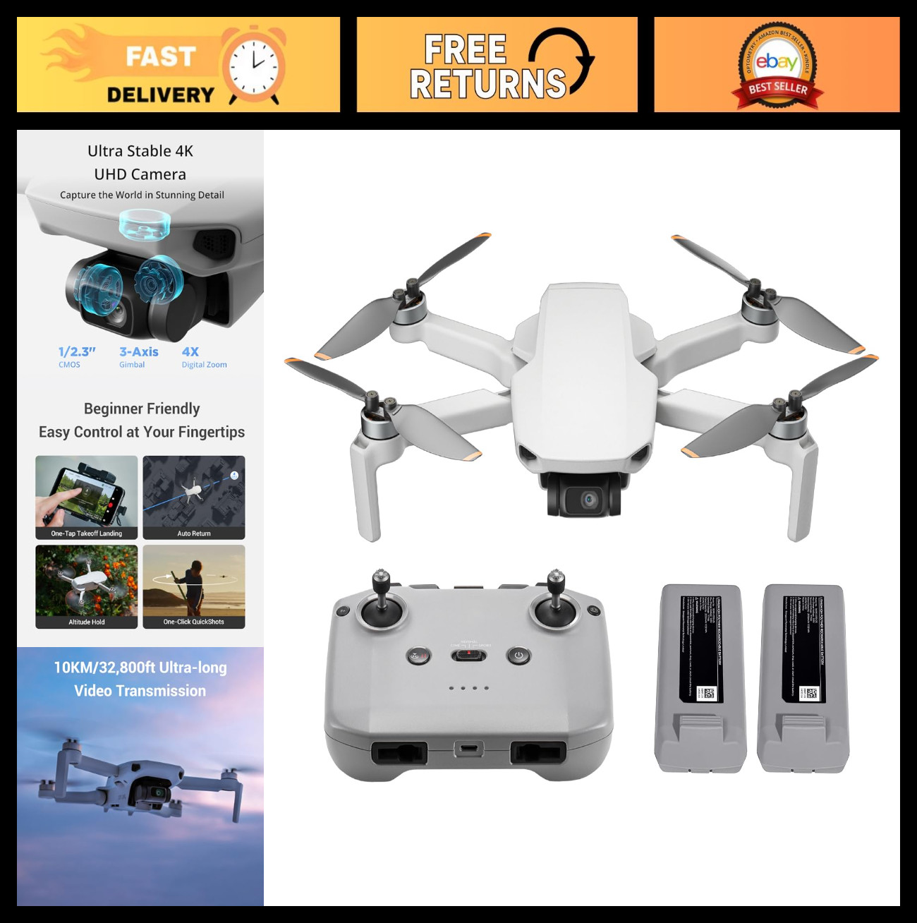Mini Drone Combo with 2 Batteries, 4K Video, 3280ft FPV, Easy to Fly, 62-Min Fli