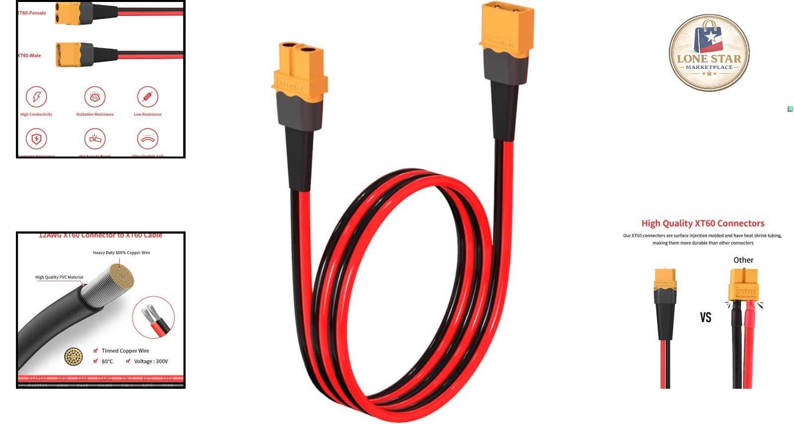2FT XT60 Extension Cable - High-Quality Tinned Copper Connector for RC Battery