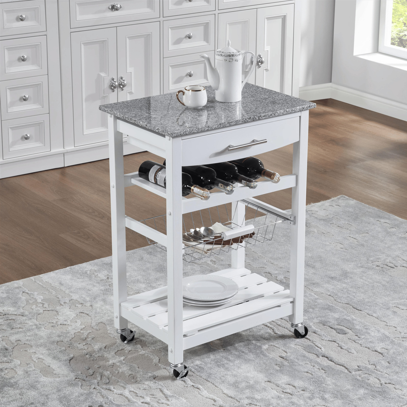 Mobile Rolling Kitchen Island Trolley Serving Cart with Underneath Drawer & Slid