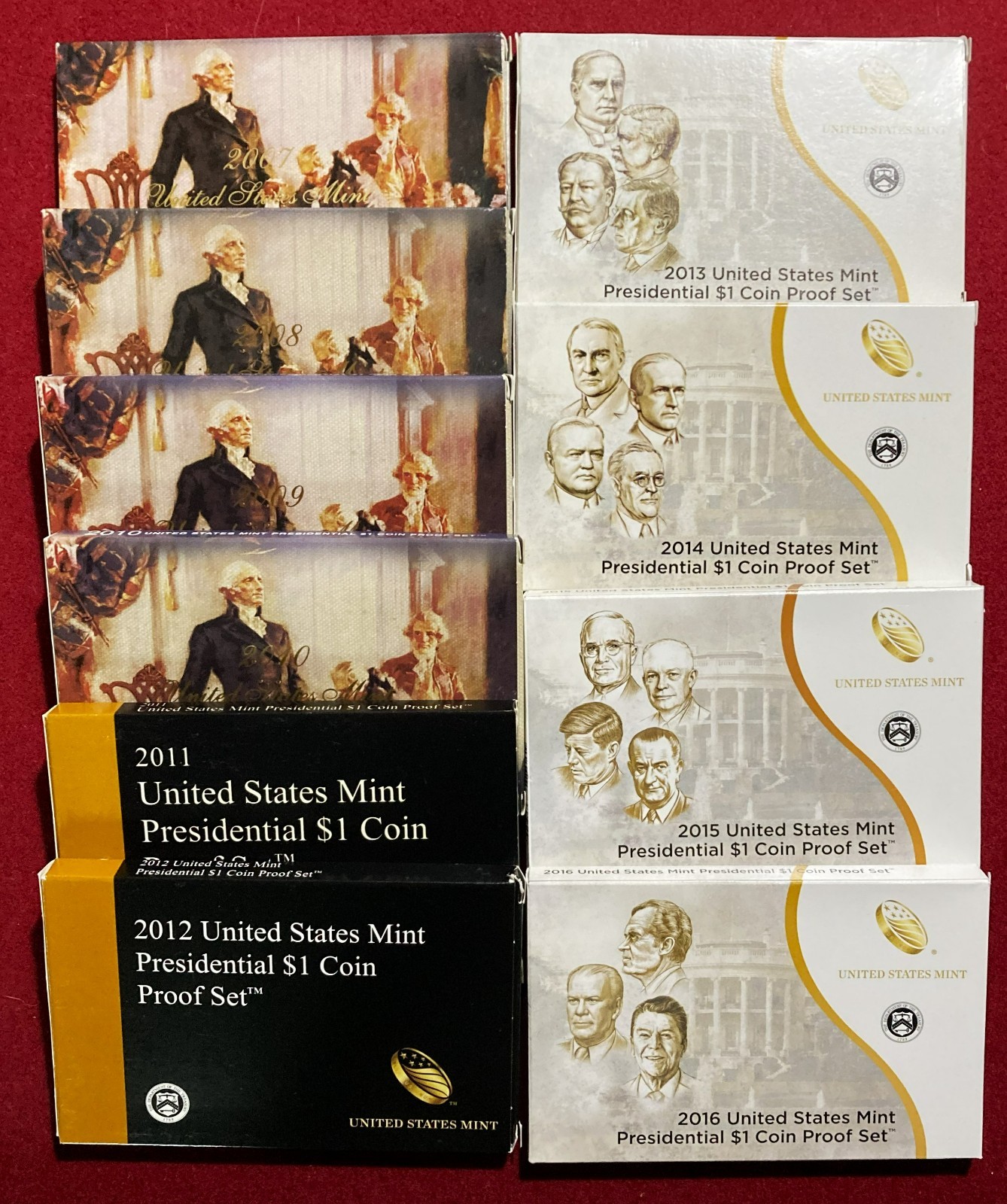 2007 to 2016 Presidential Dollar Proof Sets, Complete Pres. Series, W/ OGP & COA
