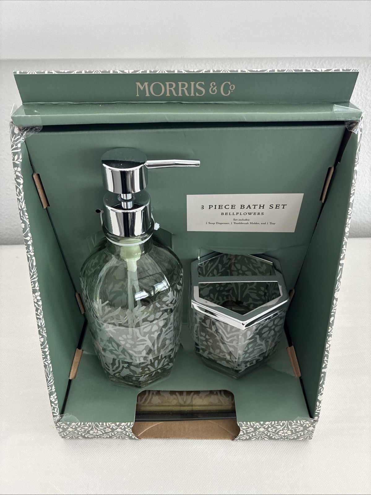 New Morris & Co Glass Green Bath Vanity Accessories 3 Pc Bellflowers Soap Dispen