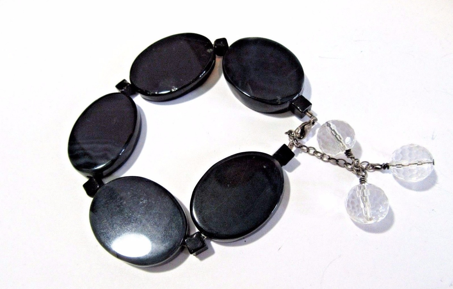HANDCRAFTED BRACELET LARGE BLACK OVAL GEMSTONES WITH THREE DANGLE CRYSTAL BEADS
